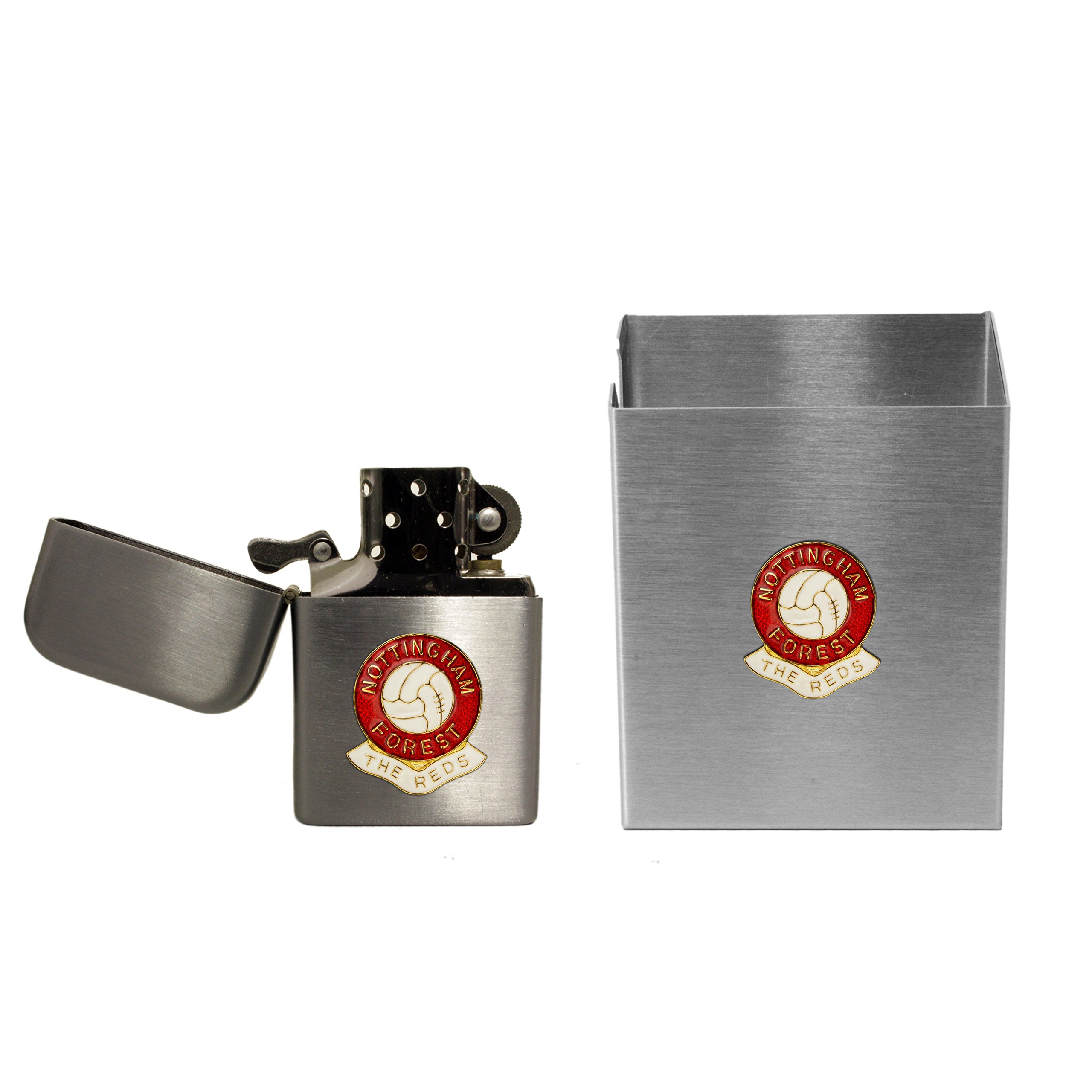 Knight Green With Metallic Finish Nottingham Forest Football Club Stormproof Petrol Lighter And Metal Cigarette Packet Cover