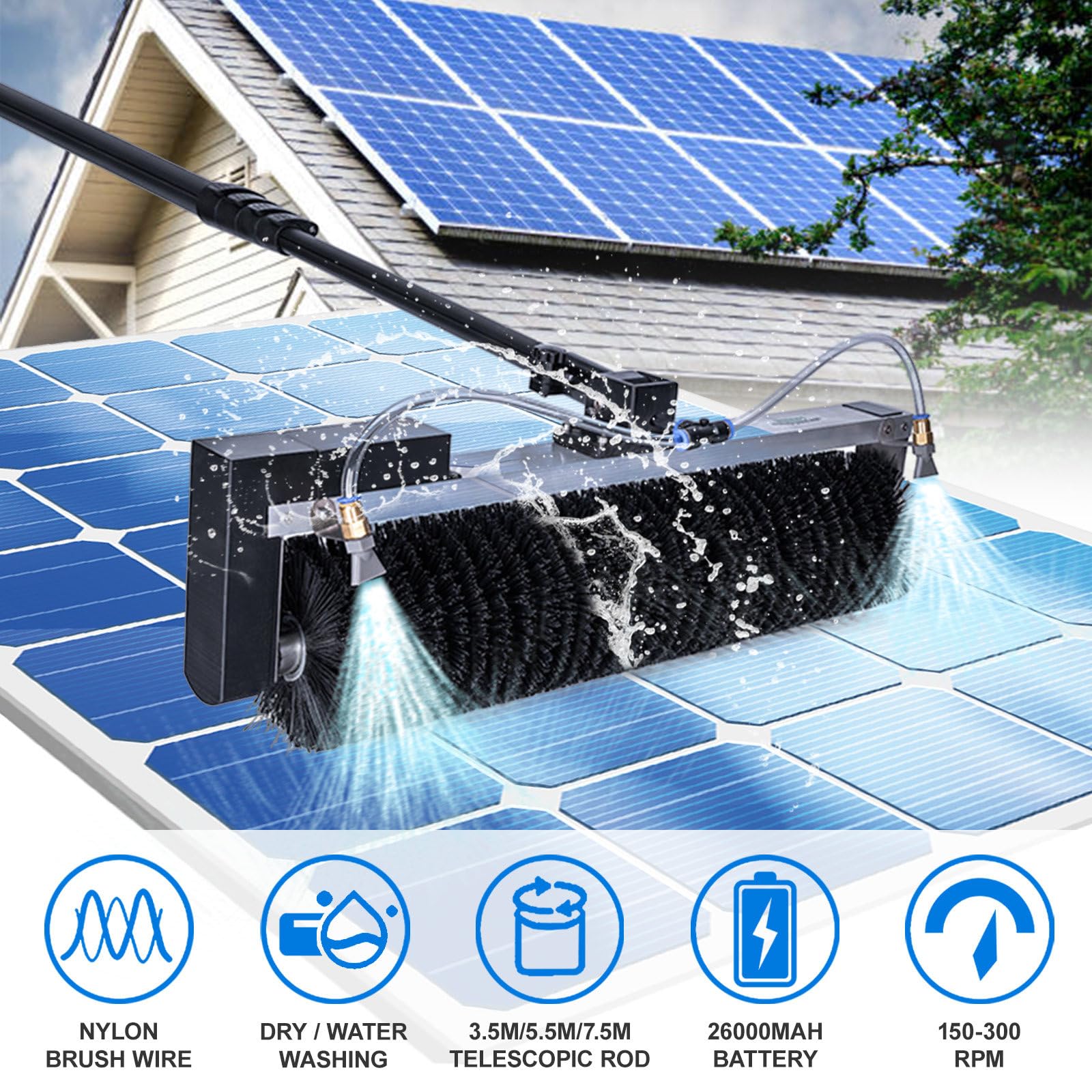 Kit Pértiga Limpieza Automática 3,5-7,5m con Cepillo Giratorio 60cm y Pértiga Telescópica - Cepillo Eléctrico para Ventanas Exteriores con Manguera Extensible 10m,7.5m/24.6ft-Battery-version