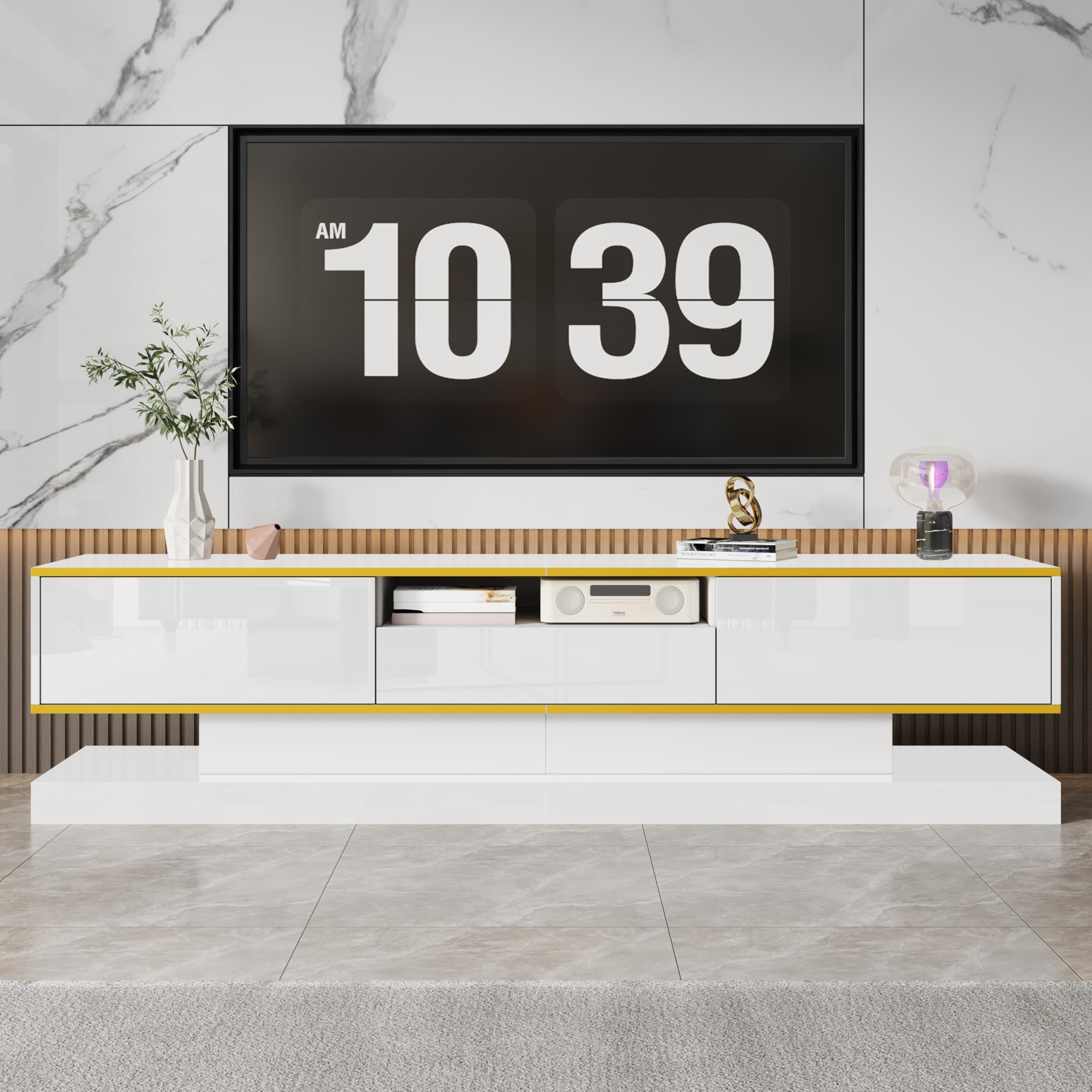 Ball & Cast TV Stand Cabinet, White TV Unit Storage Cabinet with 3 Drawers and Open Compartment, high-gloss finish, gold accents, and color-changing LED lighting, 180 * 38 * 45cm