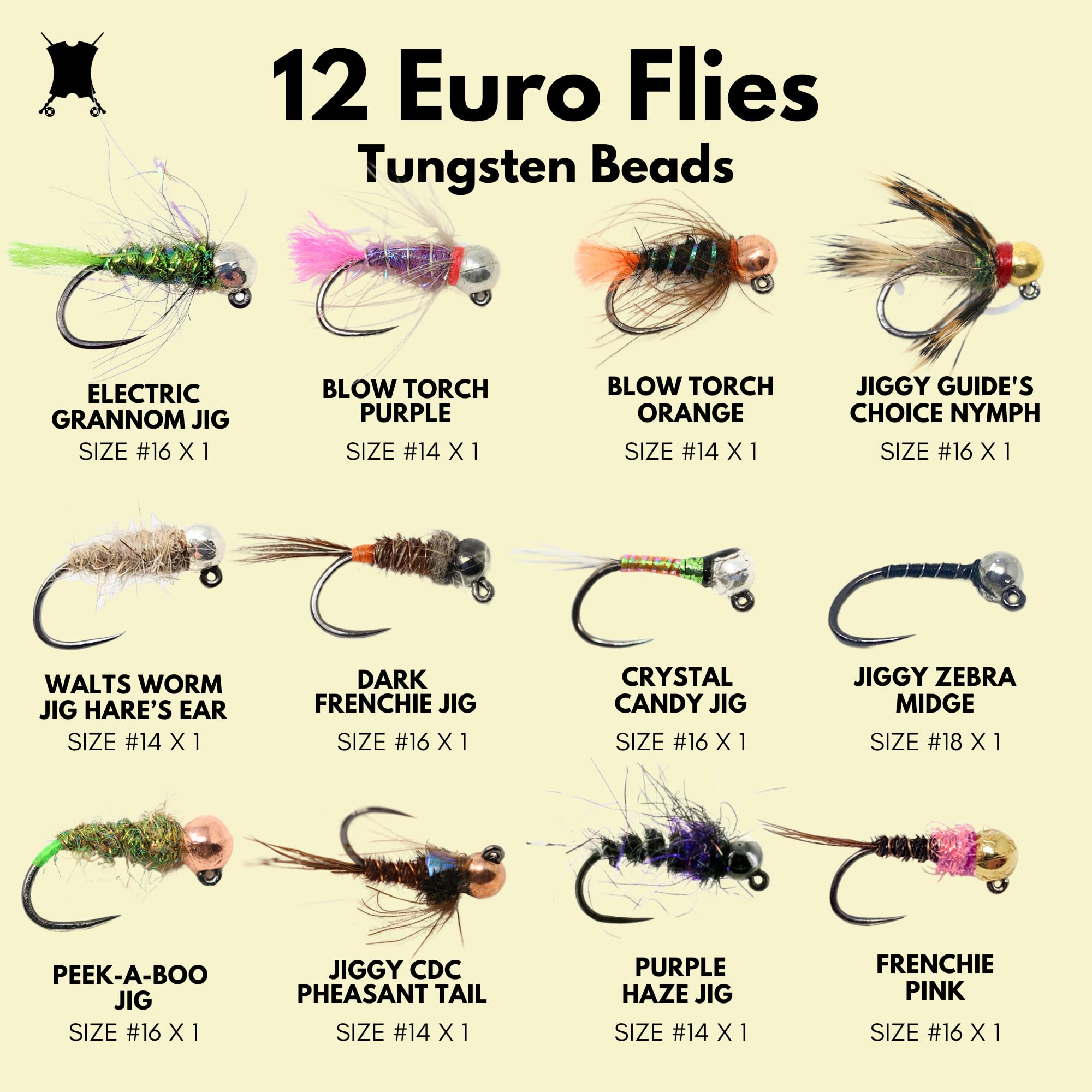 The Fly Crate 12 Barbless Euro Czech Nymphing Trout Fly Fishing Flies - European Nymph Fly Assortment with Tungsten Beads - Jigs, Perdigons, and Barbless Nymphs