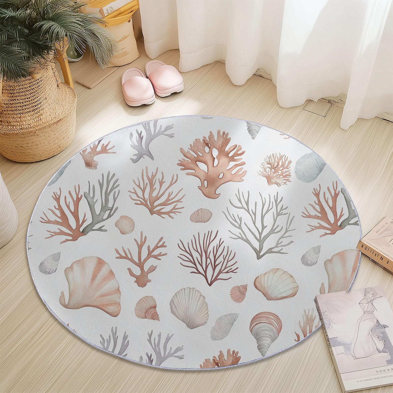 Okrągłe dywany do salonu, naturalnie muszle, zmywalne, do sypialni, antypoślizgowy dywan do jadalni, miękki dywan podłogowy z niskim runem do dekoracji domu, 120 cm, różowy koralowy muszla