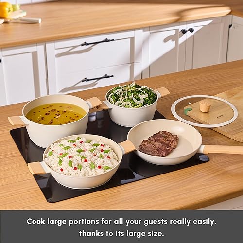 Miniatura 7 de Karaca Swiss Crystal Almond - Juego de utensilios de cocina antiadherentes de inducción de 7 piezas, color crema, revestimiento SwissCrystal sin PFAS