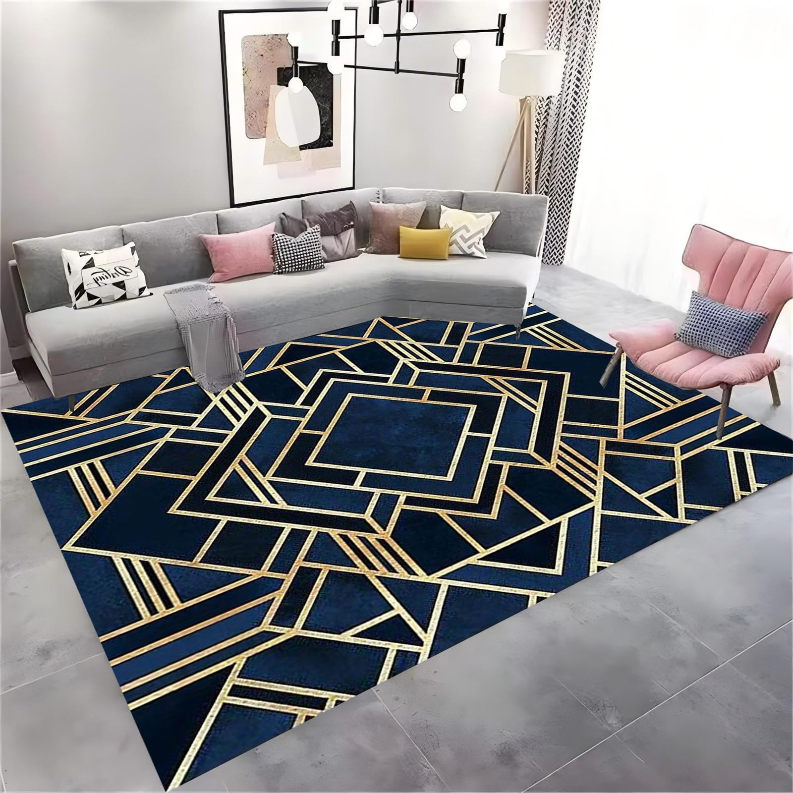 HONGXIU Navy Blue Gold Geometric Rug,160x230cm, Modern Gold Line Indoor Carpet, Minimalist Art Durable Fade Resistant Rugs, Anti-Skid High Traffic Rugs for Living Room and Bedroom