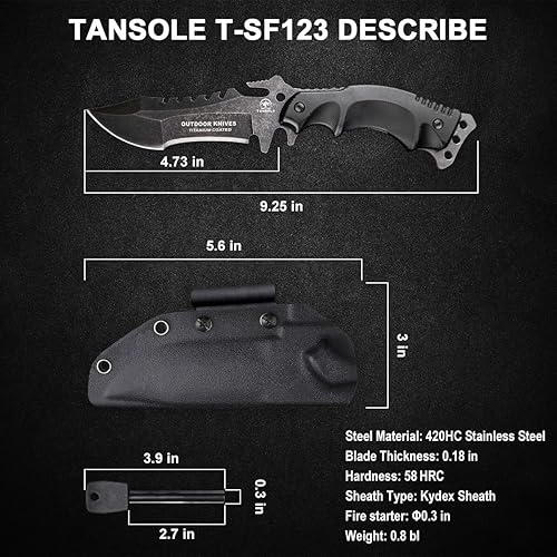 Miniatura 8 de TANSOLE Cuchillo de supervivencia, cuchillos tácticos de hoja fija con funda Kydex Cinturón knofe para acampar Cuchillo de espiga completa cuchillo