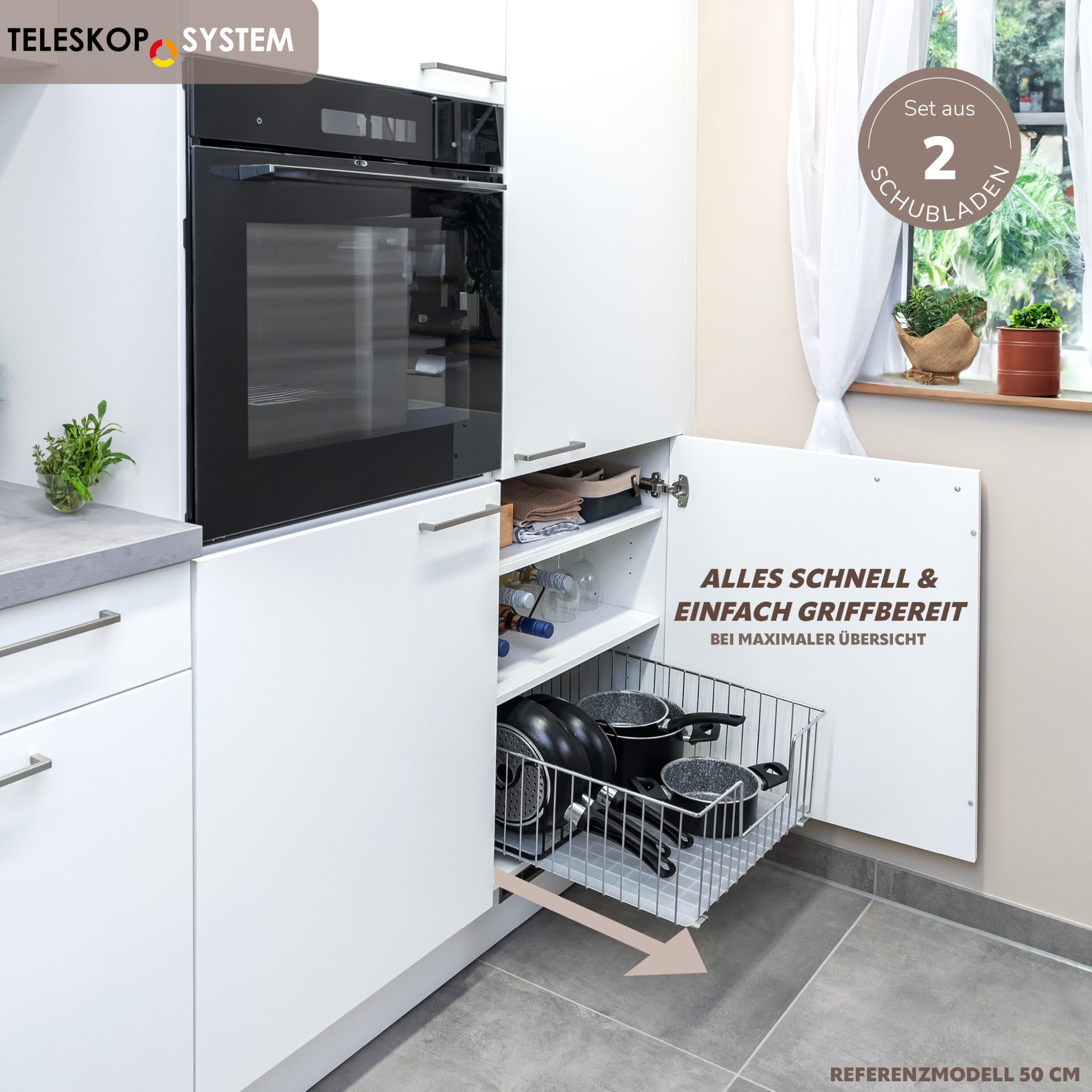 bremermann Schrank-Korbauszug 2er Set 40 cm Breite mit Einlegeboden, Küchenschublade zum Nachrüsten, Vollauszug mit Teleskop-Schienen, ideal für Küche, Bad & Schlafzimmer, aus Metall (Chrom)