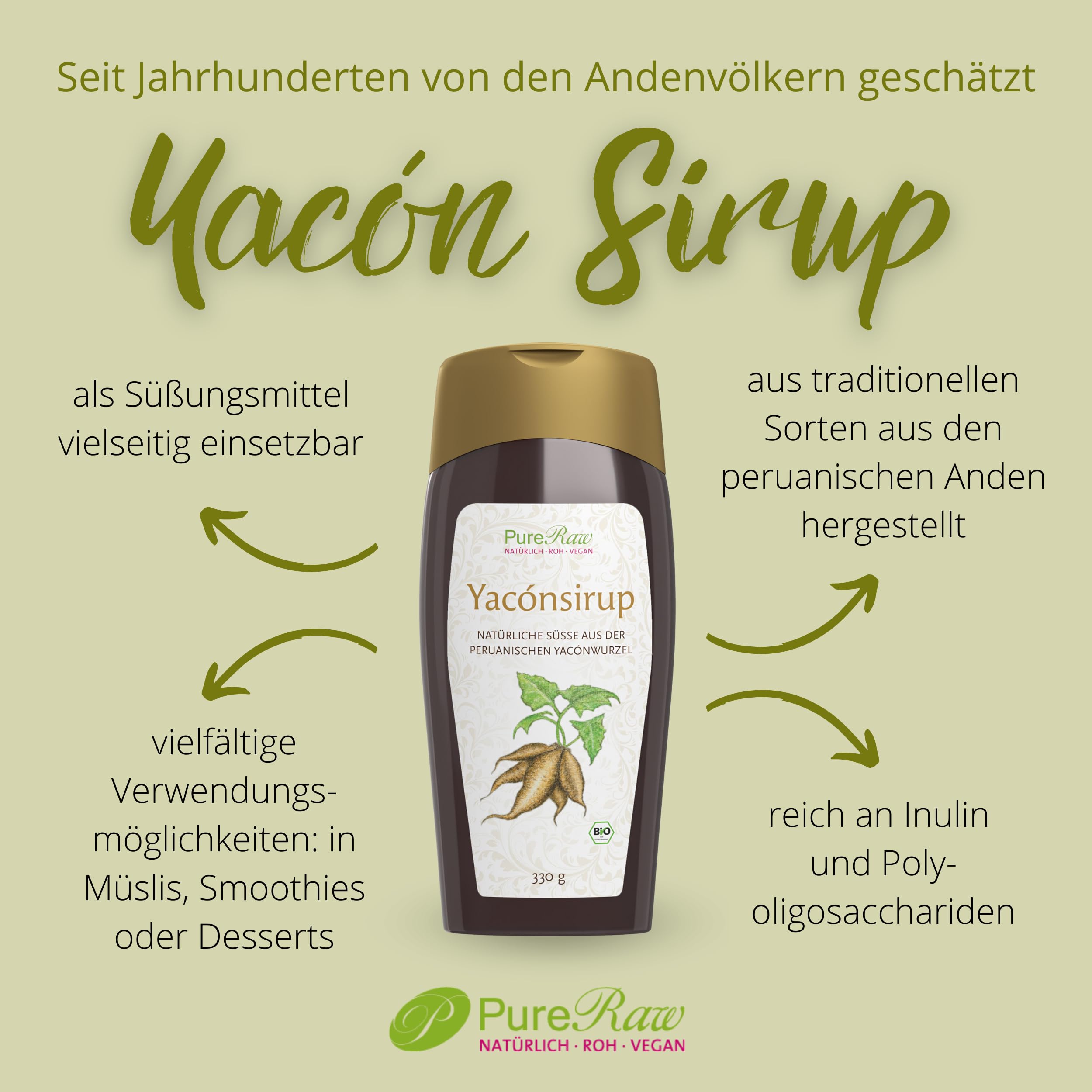 Bio Yacon 3er Set - Yacon Sirup 330g, Yacon Pulver 170g & Yacon Snack 80g PureRaw - reich an Ballasstoffen, frei von Zusatzstoffen, vielfälltig Verwendbar I PureRaw