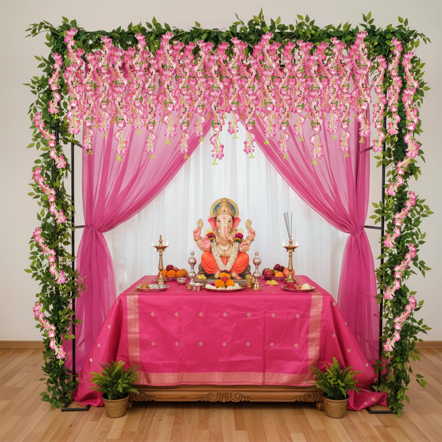 Party Propz White and Pink Backdrop for Decoration with Wisteria Flower, Haldi Decoration Items for Home, Backdrop for Pooja Decoration, Haldi Backdrop Decoration Set, Festive Backdrop (13Pc) (Satin)-image-22