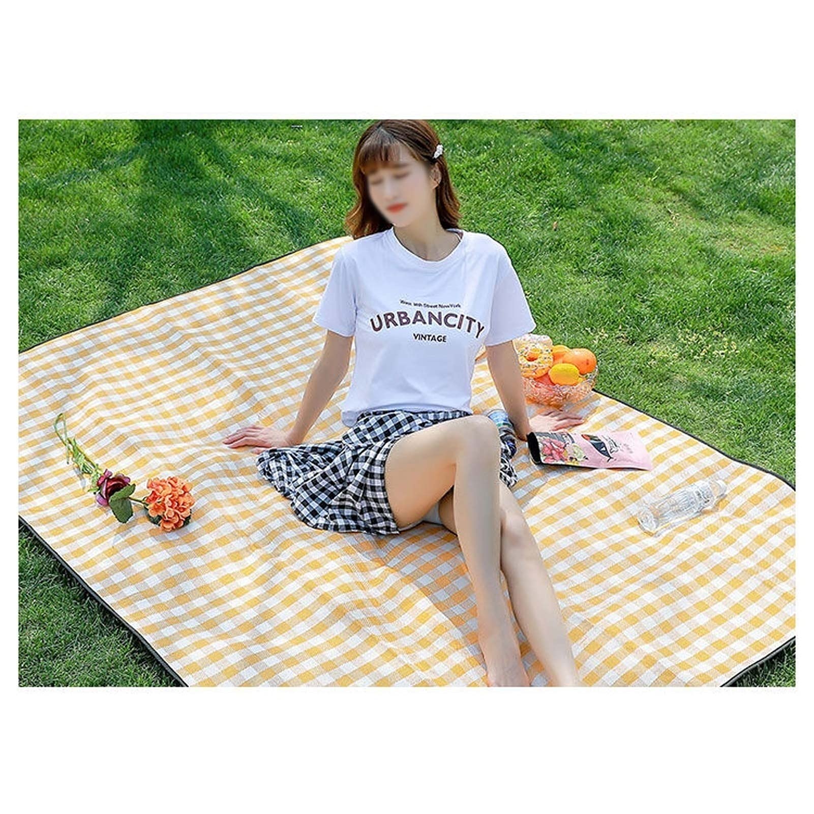 Couverture de Pique-Nique Imperméable, 200x200 CM Portable Tapis Pique Niques, Natte de Plage Nappe Picnic pour Jardin Extérieur (Color : Yellow Grid)