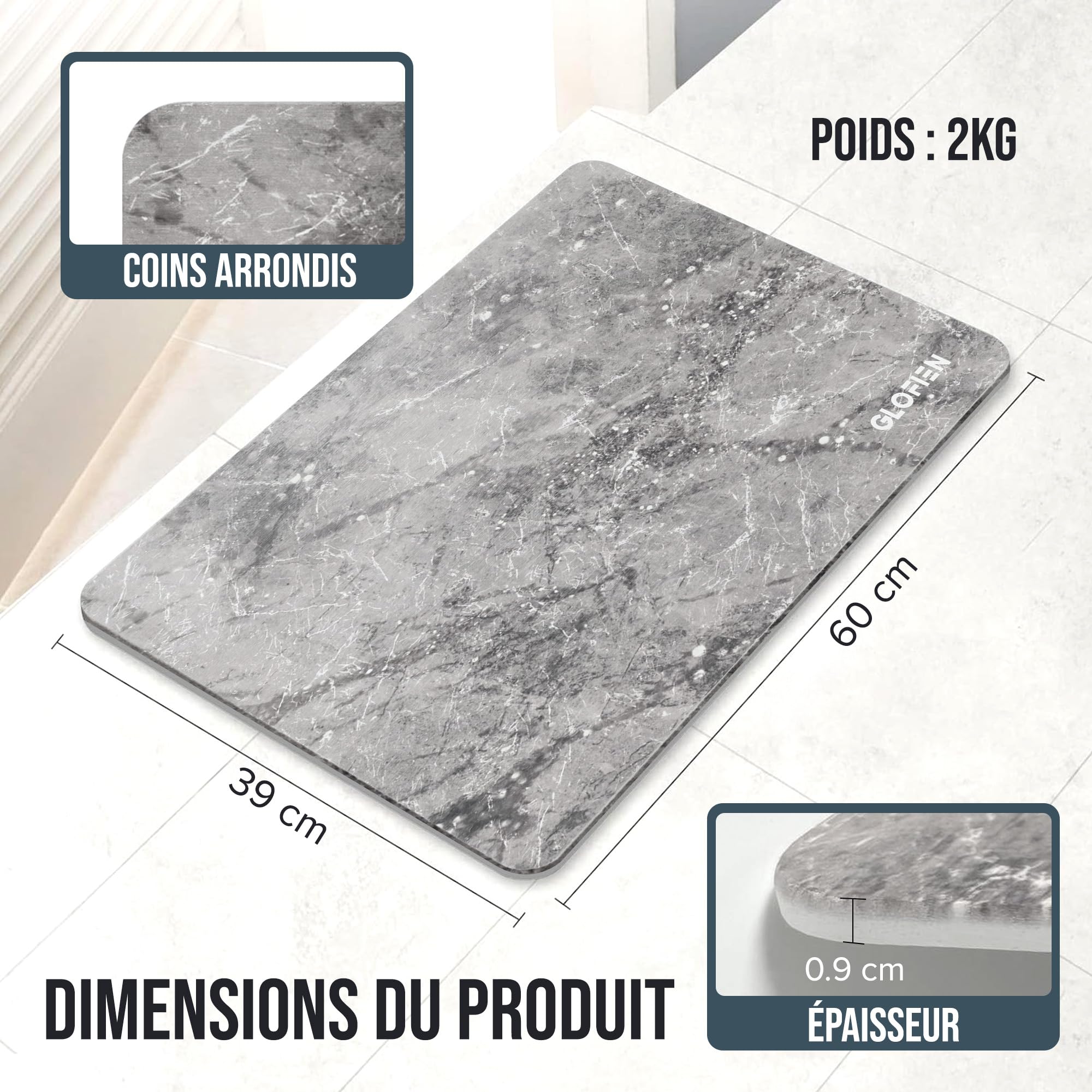 Tapis de Bain Diatomite 60x40 cm Antidérapant Ultra Absorbant Séchage Rapide