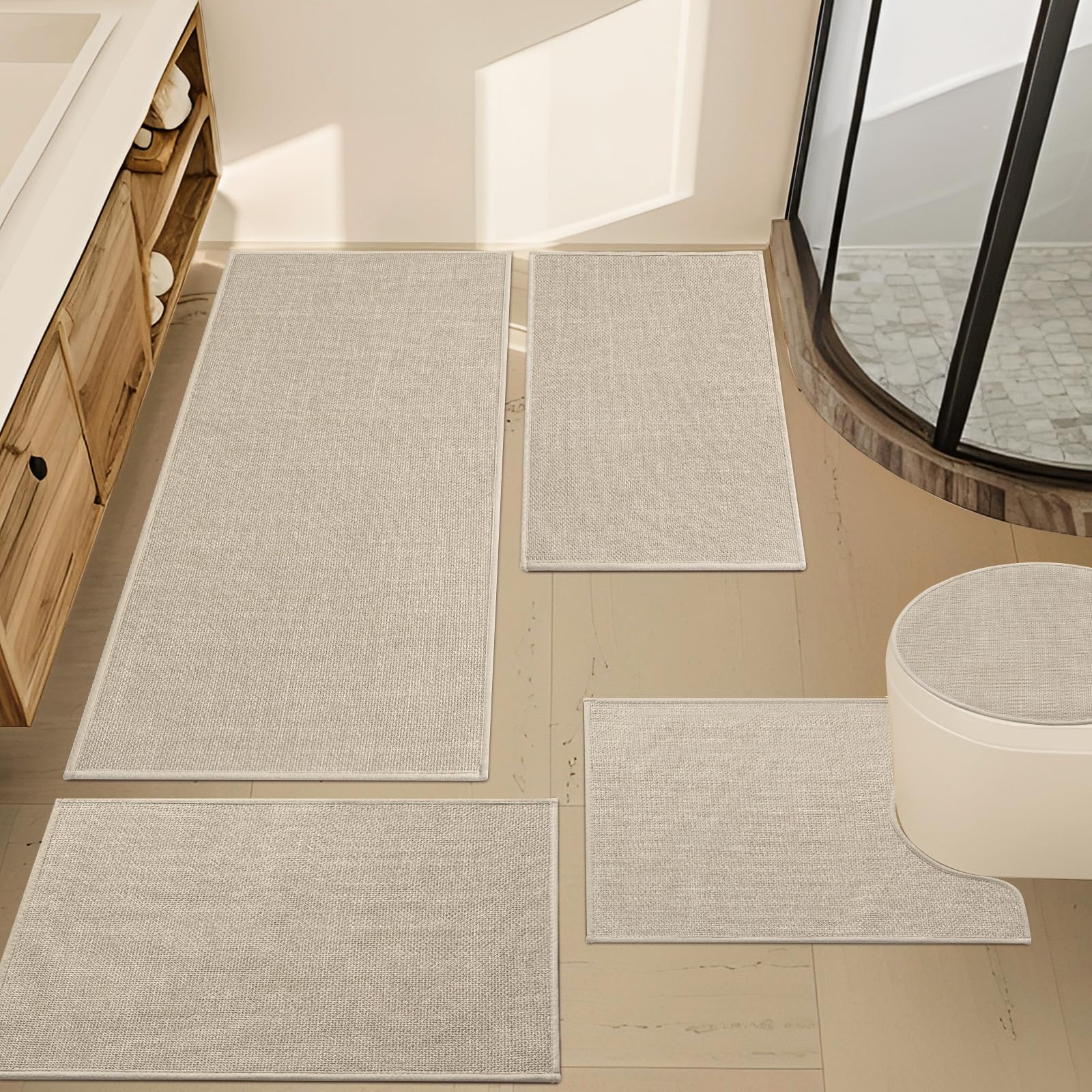 YIHOUSE Set di 5 tappetini da bagno assorbenti, antiscivolo, lavabili, ad asciugatura rapida, sottili, per WC e pavimento, colore: beige