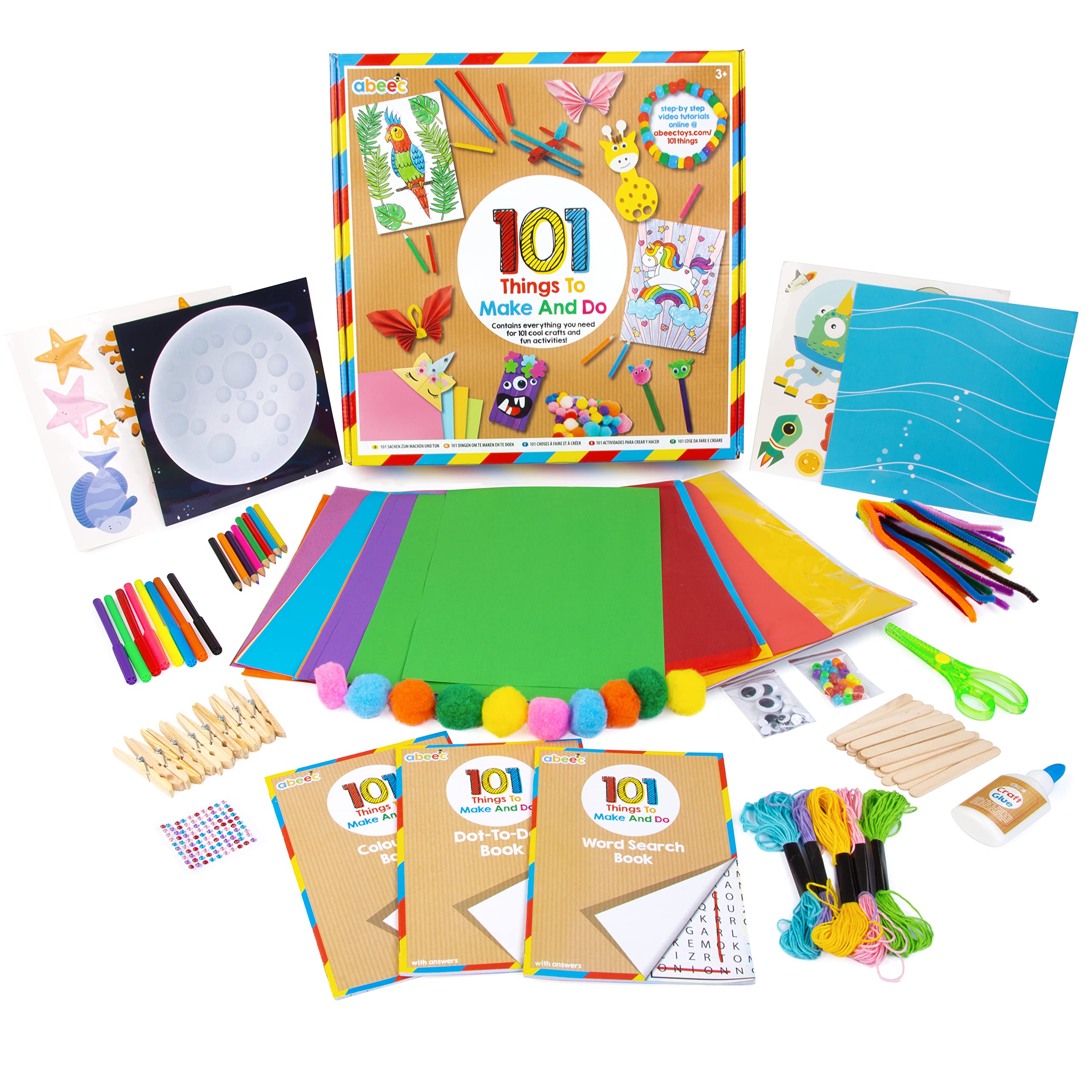 Abeec 101 Things to Make and Do - 101 Kids' Craft Activities - Art & Craft Kit With Supplies: Pipe Cleaners, Paper, Card, Gems, Glue & More