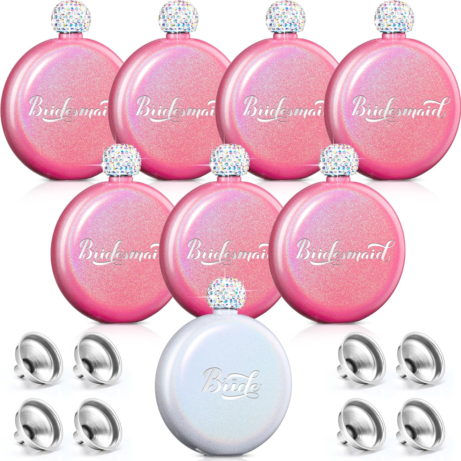 8 Pcs White Pink Round Liquor Flask for Women 5 oz Glitter Stainless Steel Flasks for Wedding Bride Bridesmaid Gift Bling Coating Wine Flasks with Rhinestone Lid and Funnel for Girl