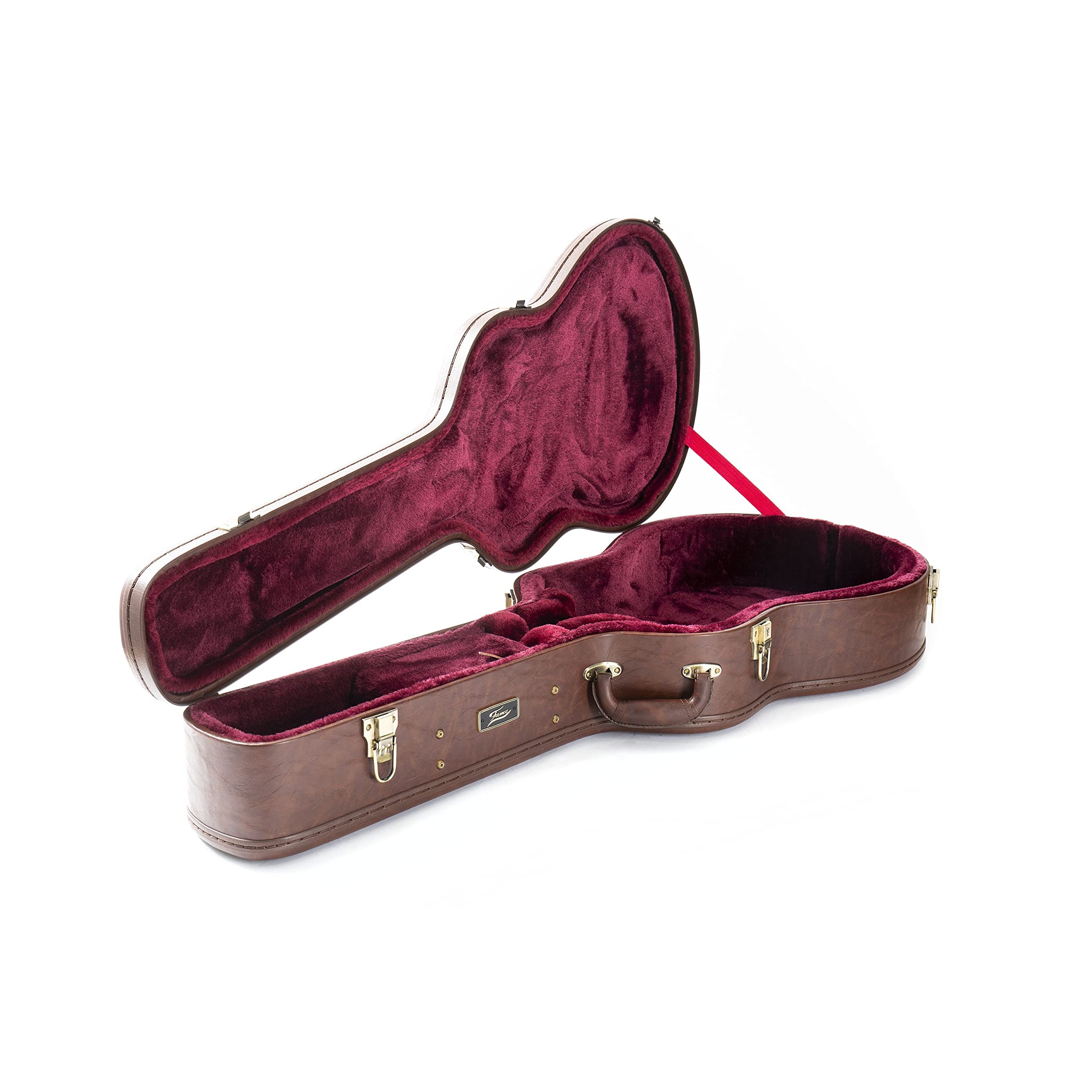 Fame Dreadnought Case für Westerngitarren, Robuster Schutzkoffer, Metallschnallen, Abschließbar, Zubehörfach, Wetterfest, Braune Leder-Optik, Weinrotes Plüsch-Innenfutter, GIT0044842-000