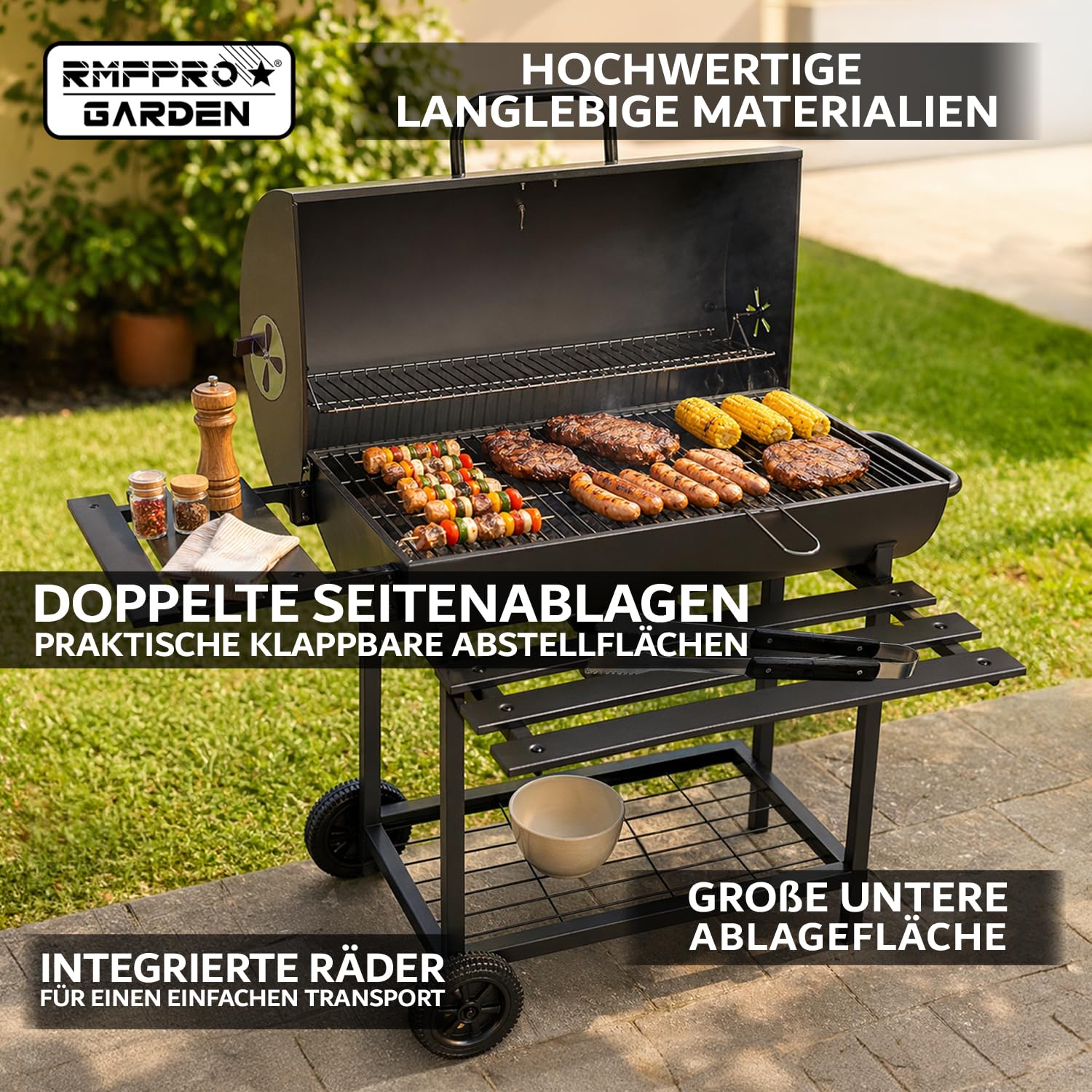 RMF Holzkohlegrill mit XL-Grillrost und integriertem Thermometer - Inklusive Zubehör-Kit und Abdeckung, robuster Stahlwagen mit Rädern, klappbare Seitenablagen, Ascheauffangschale