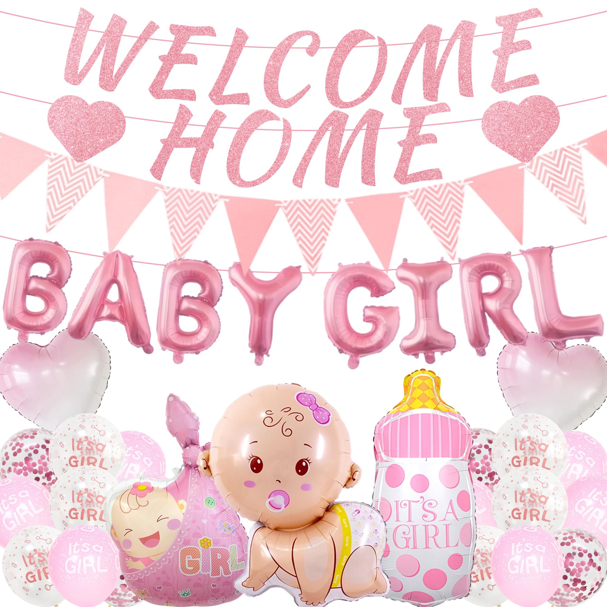 Welcome Home Baby Girl Decorations - 33 Pcs Pink Glitter Banner Set