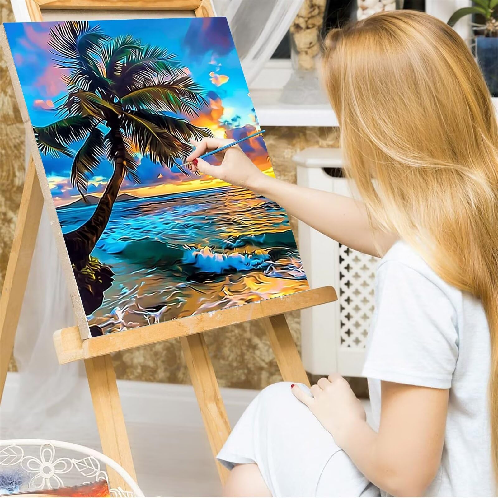 Peepezo Malen nach Zahlen Erwachsene Sonnenuntergang Tropisch DIY Öl Leinwand Gemälde Set für Anfänger & Senior Acrylic Malen Malerei Heimwerk Weihnachten Paar Freund Geschenk 60x80cm (mit Rahmen)