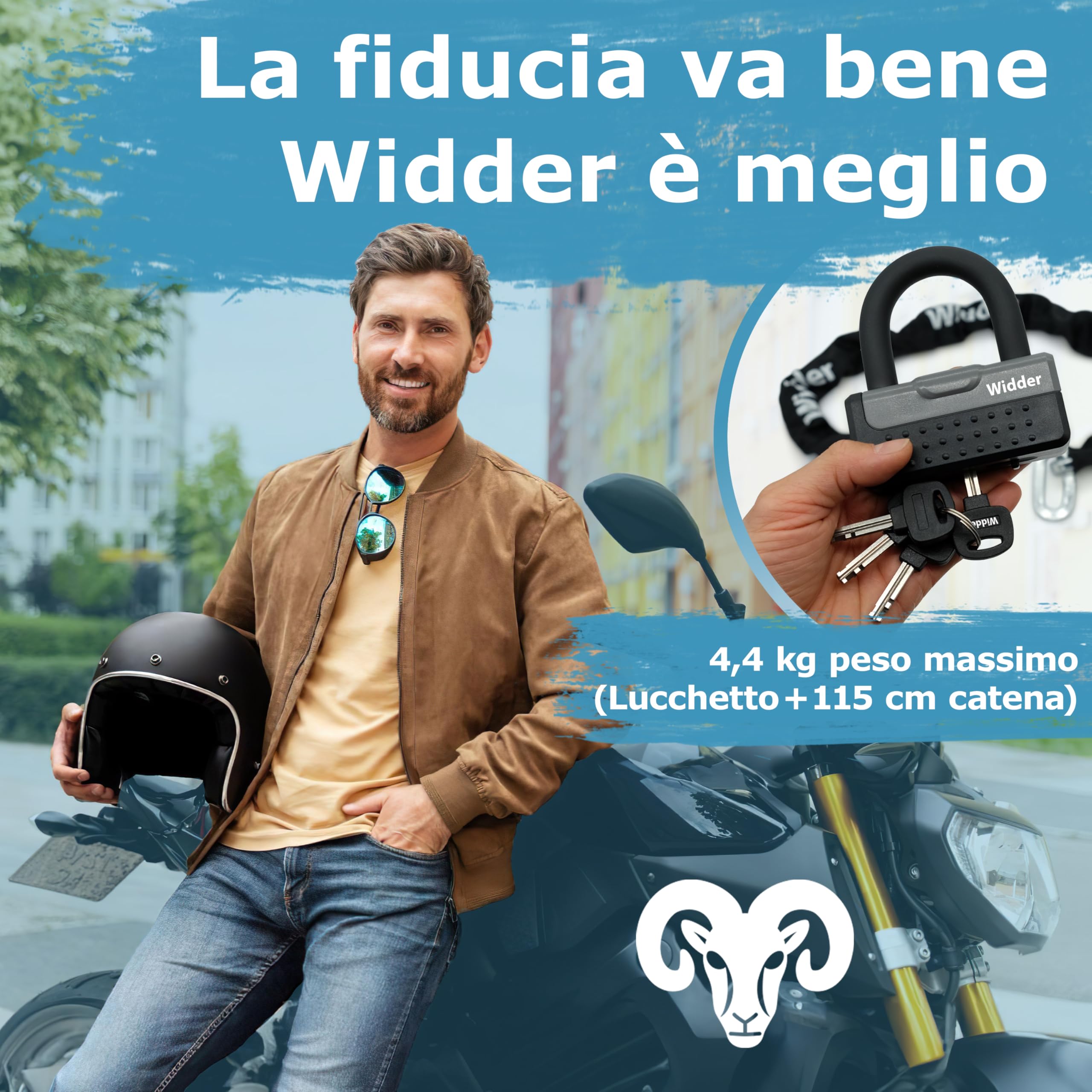 Widder Acciaio-Titanio [Livello 15] Catena antifurto con 4 chiavi 115cm lungo & 11mm massiccio - per Moto Motorino e-Bike Bicicletta e-Scooter Scooter Lucchetto - Antifurti moto & bici alta sicurezza