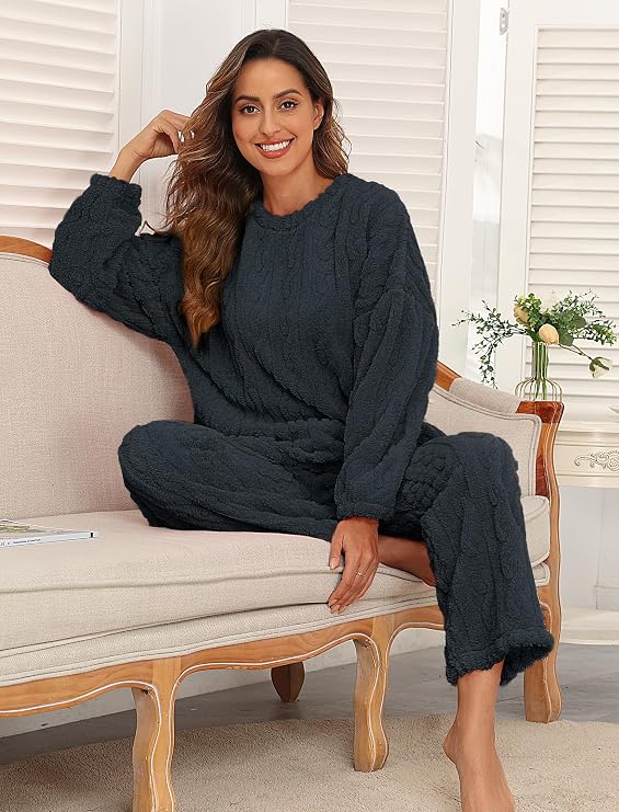 Pajamas for Women Sets Soft Comfy Fluffy Pajama Fleece Pullover Ribbed Pjs Warm Plush Lounge Sleepwear 2 Piece