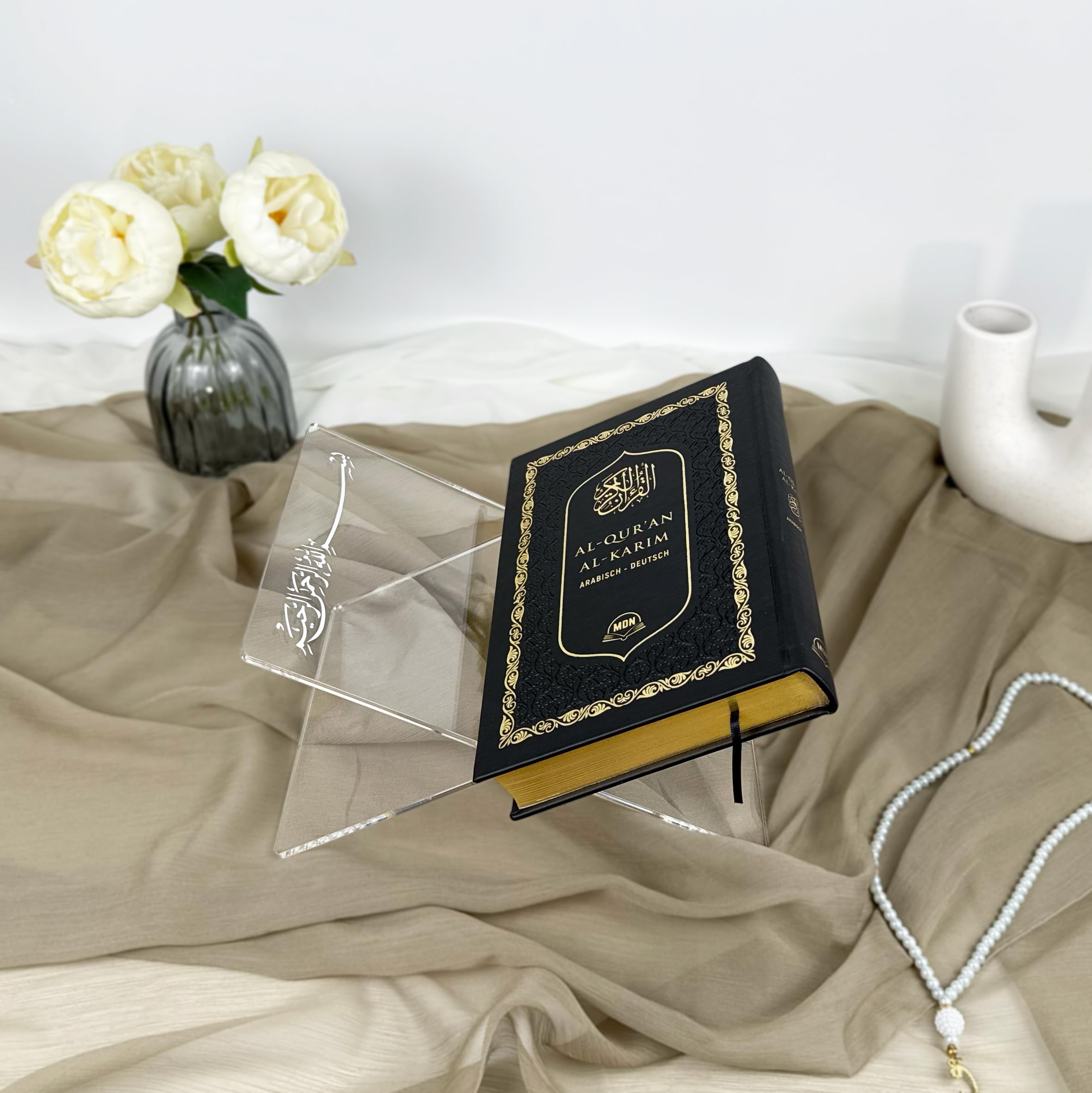 Transparent Koran-Halter| personalisiert mit Namen Koran-Lesetisch- islamisches personalisiertes Geschenk | Hochzeitsgeschenk - Ramadan, Umrah und Eid Geschenk 30x19cm Max 1.6kg (Silber)