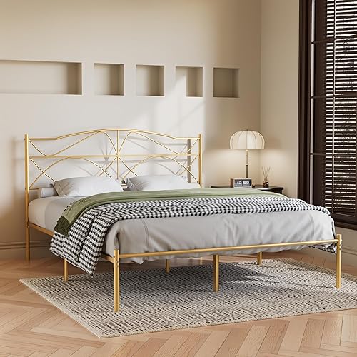 Miniatura 23 de VECELO Base de cama de plataforma metálica de tamaño matrimonial con cabecera y estribo, base de colchón de soporte de listones resistentes, no