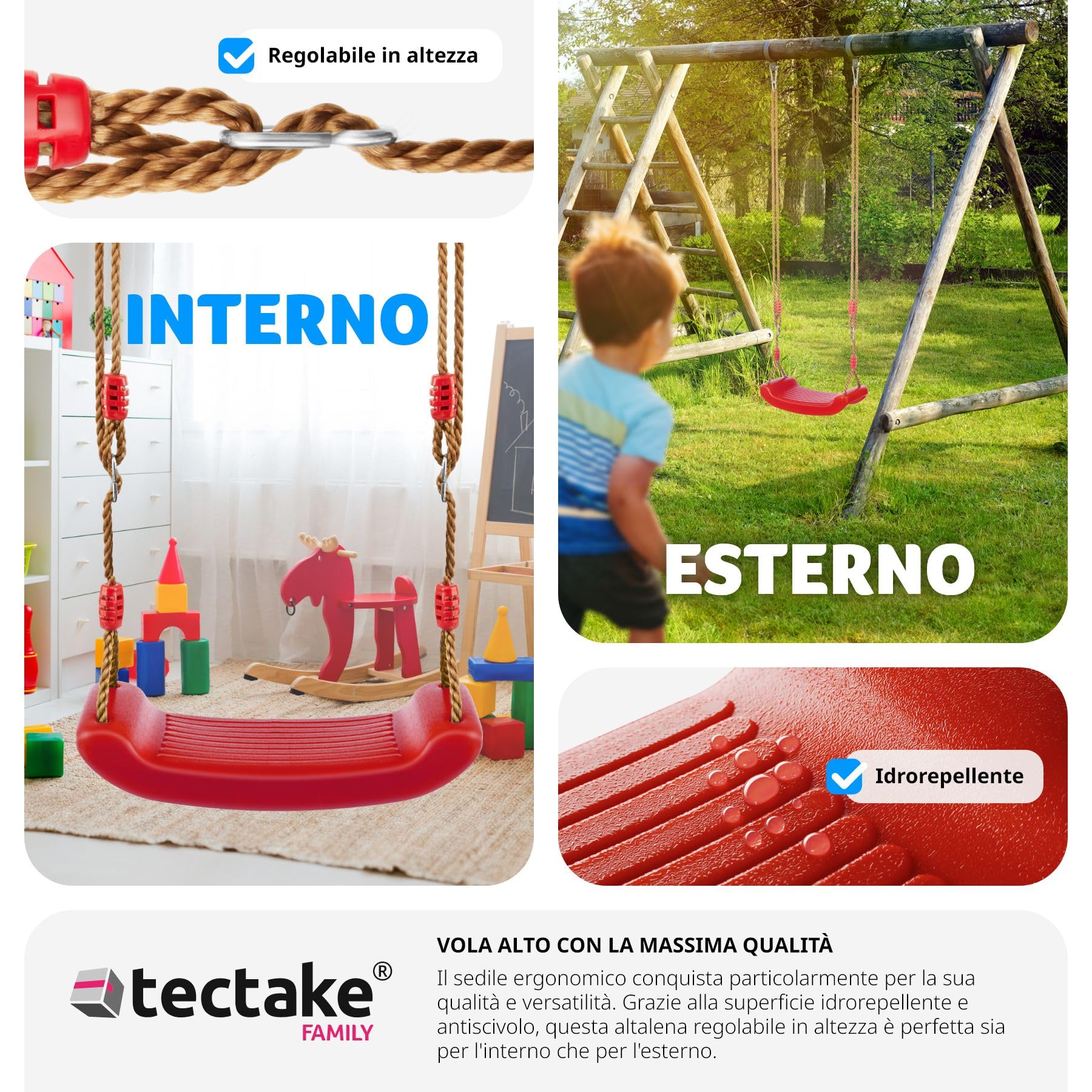 tectake® Altalena da Giardino per Bambini, Altalena da Giardino per Adulti, Ergonomica, Antiscivolo, Altalena a Dondolo da Esterno Regolabile in Altezza, Resistente alle Intemperie - Rosso