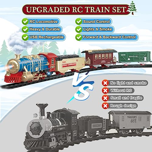 Miniatura 2 de Juego de tren eléctrico para niños, juego de tren azul a control remoto con humo, sonidos, luces, recargable para árbol de Navidad, juguetes de