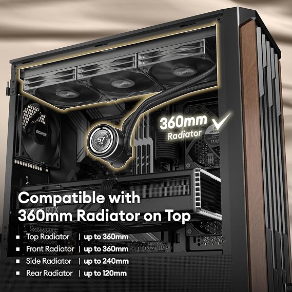 Okinos Genuine Walnut Wood PC Case, Support 360mm Radiator on Top, Pre-Installed 4 x 120mm PWM Fans ATX Case, Type-C Port, Magnetic Tempered Glass Side Panel, Black Computer Case, Cypress 7