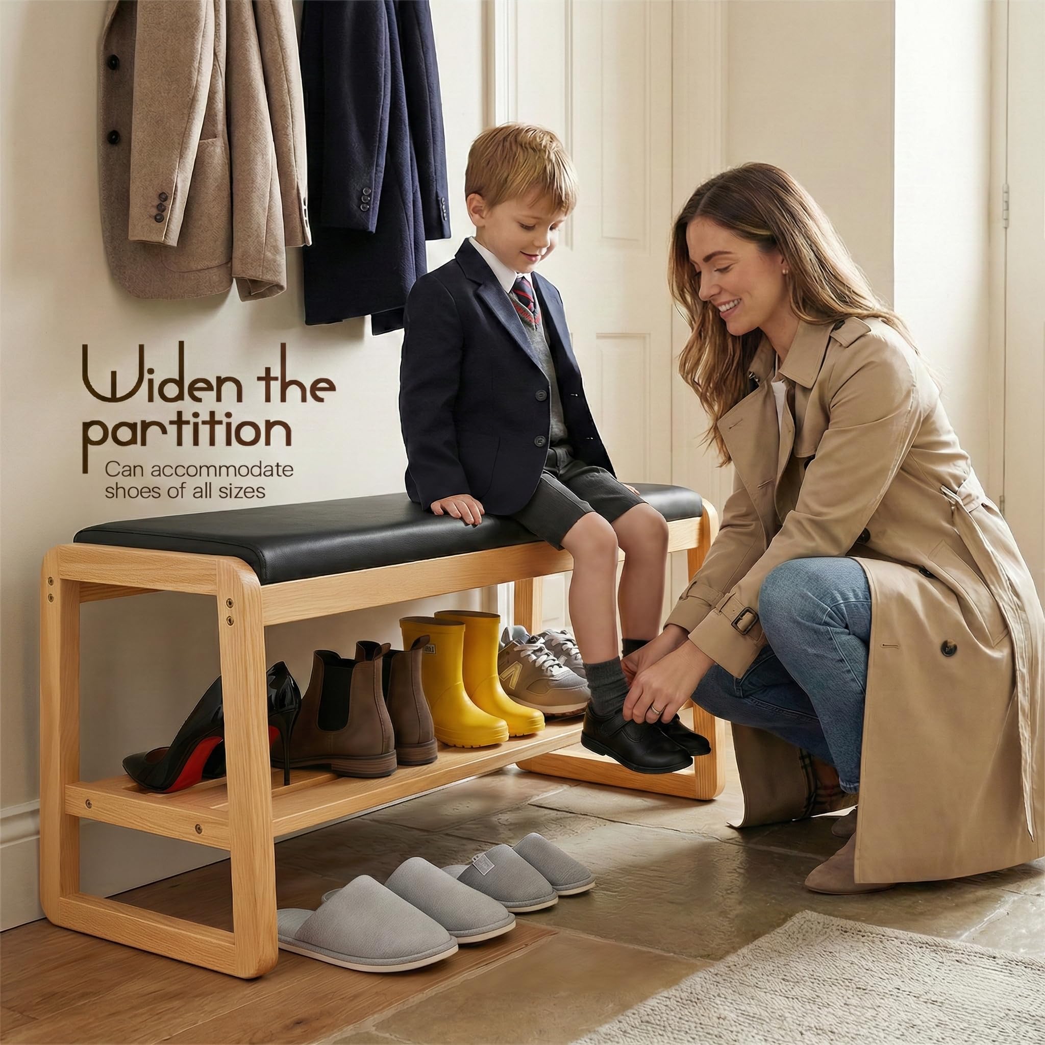 Schuhbank mit Stauraum, 2-stöckiges Schuhregal für Eingangsbereich und Flur, modernes Eichen-Design mit PU-Lederkissen, zum Organisieren von Schuhen