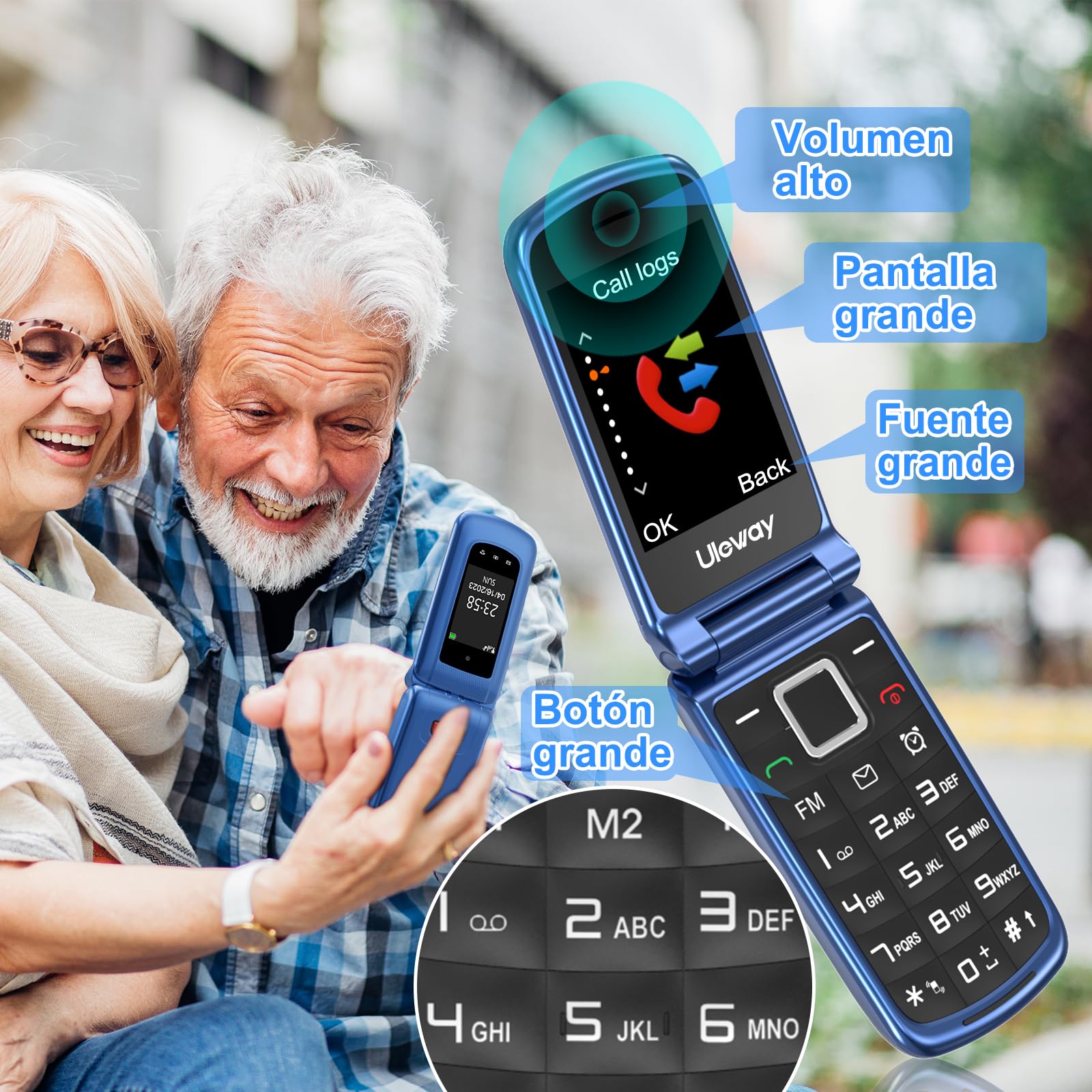 4G Telefono Movil para Mayores Libre con Teclas Grandes, Doble SIM Doble Pantalla LCD, Fácil De Usar Teléfono Móvil Personas Mayores con Botón SOS, Cable USB C, Batería 1000mah, Base Cargadora (Azul)