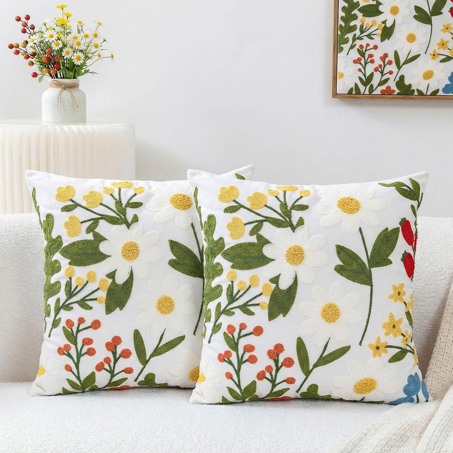 Emvency Embroidered Floral Throw Pillow Covers 18x18 Set of 2, Spring Daisy Flower Summer Plant Outdoor Decorative Square Pillow Cases Couch Cushion Case for Couch Bed Sofa Living Room Home Decor