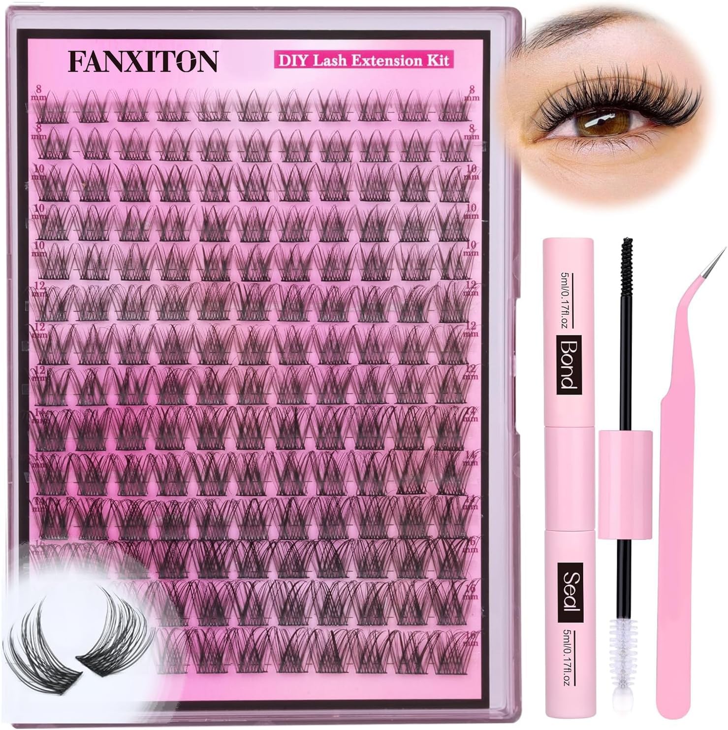 DIY Lash Extension Kit Natural Look Wispy Lash Clusters D 154 pcs Lashes Clusters 8-16 mm Eyelash Extension Kit Lash Bond and Seal Lash Tweezers Individual Lashes Lash Cluster Kit For Beginners