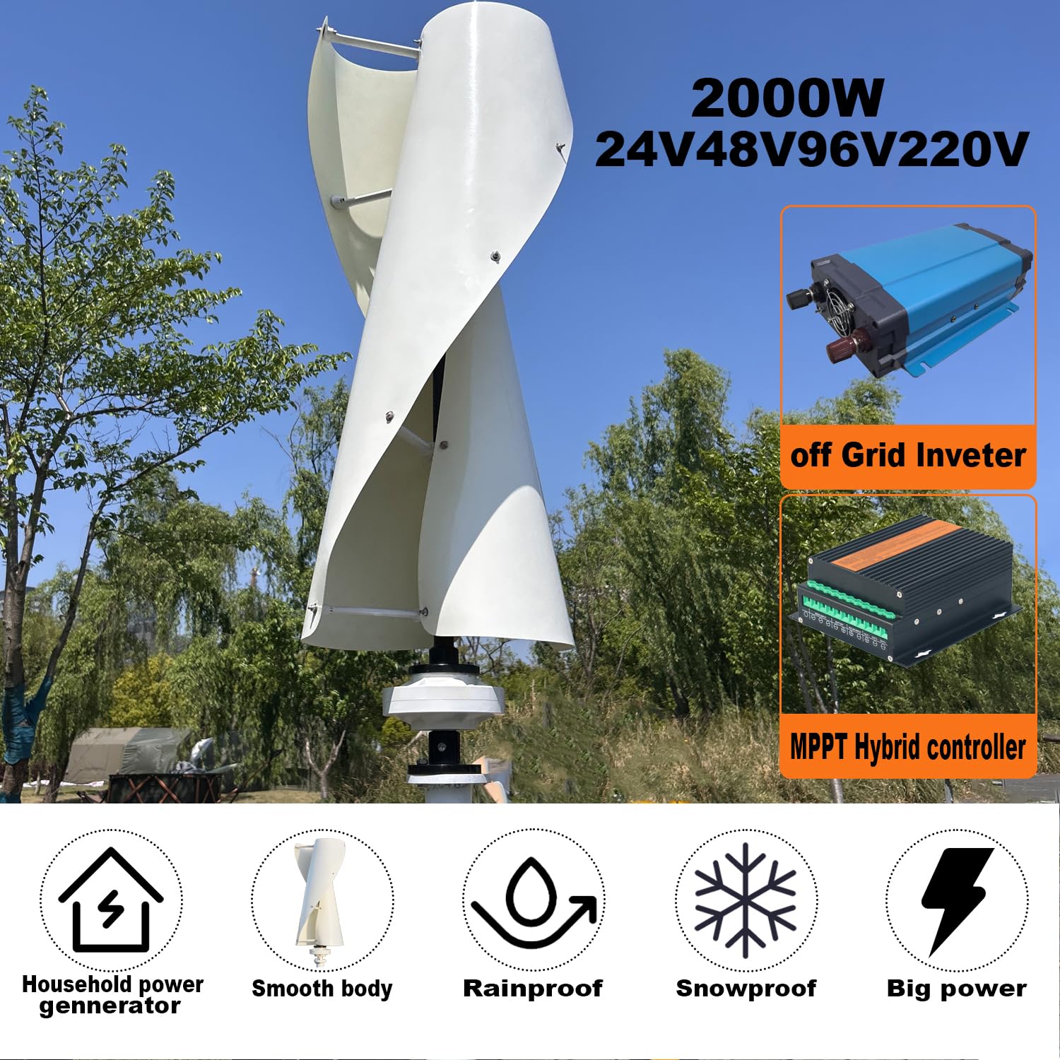 Kit complet d'éolienne 2000 W 24 V, 48 V, 96 V, 220 V, aimant permanent, éolienne avec contrôleur hybride MPPT, petites éoliennes, mini éolienne, balcon (blanc, 48 V)