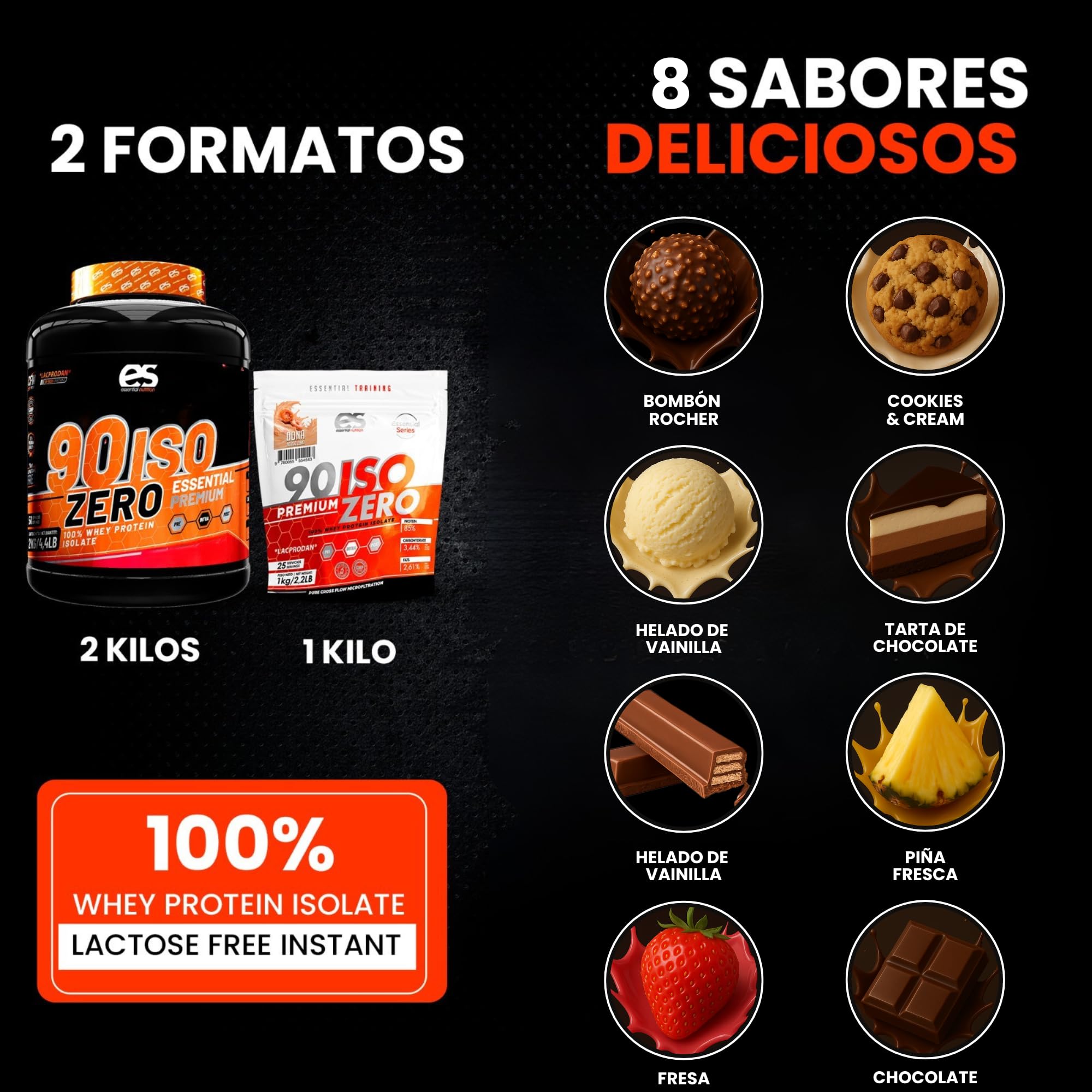 ESSENTIAL NUTRITION - 90 ISO ZERO | Proteina Isolada | Aumenta la Masa Muscular | Bajo en Carbohidratos, Azúcares y Grasas (1 kg (Paquete de 1), Tarta de Chocolate)