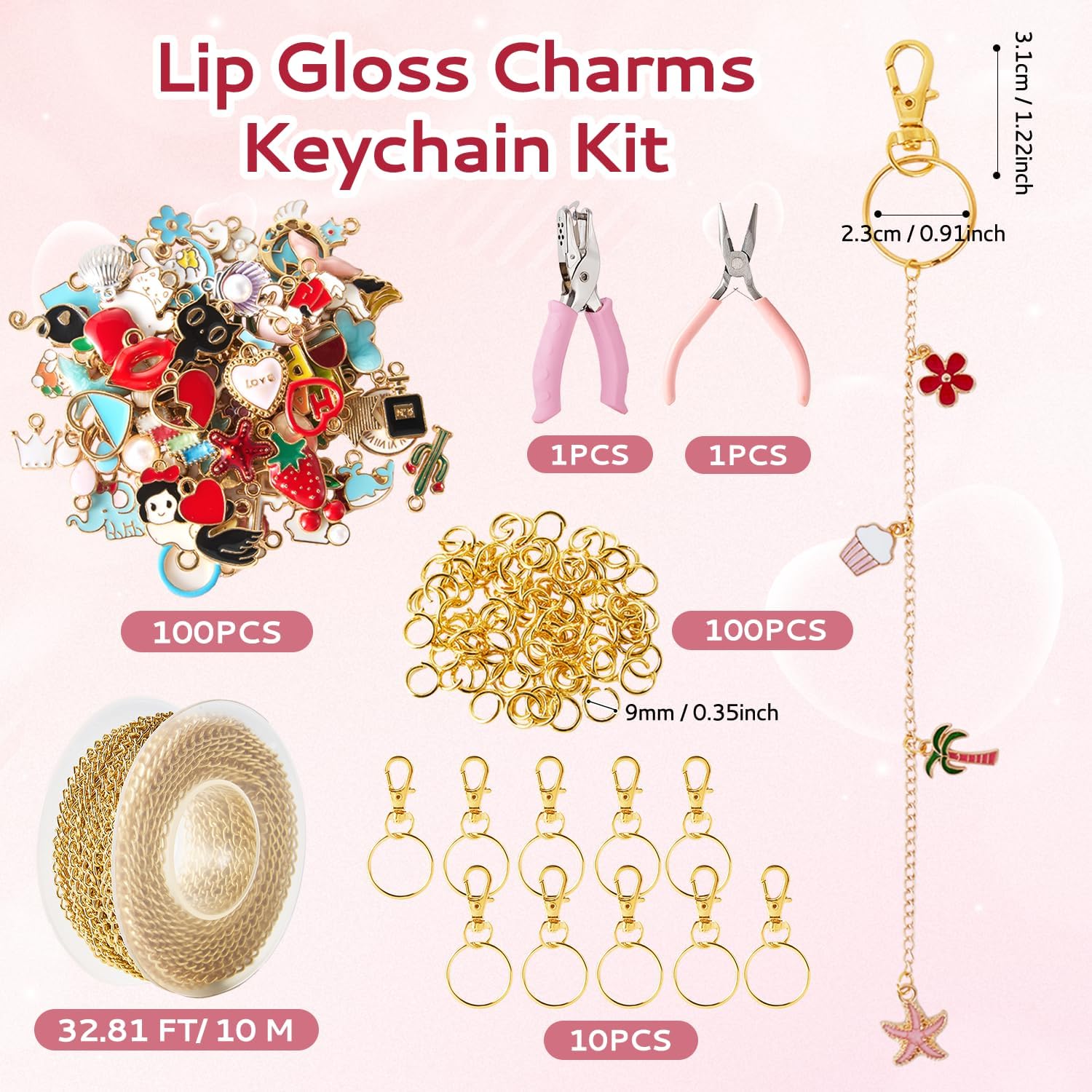 Dfqsofd 213Pcs Lip Gloss Keychain Making Kit, Including 33ft Gold Extender Chain 100 Charms 100 Jump Ring 10 Keychain Clips, Hole Punch and Jewelry Plier for DIY Crafts Women - Image 2