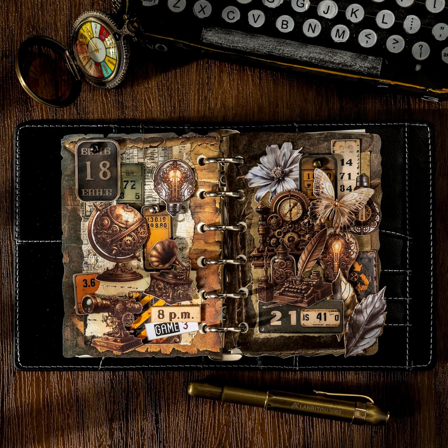120PCS Steampunk Vintage Stickers – Die-Cut Antique Gears, Bulbs & Butterflies with No-White Edge Cardstock for Scrapbooking, Journaling and DIY Crafts