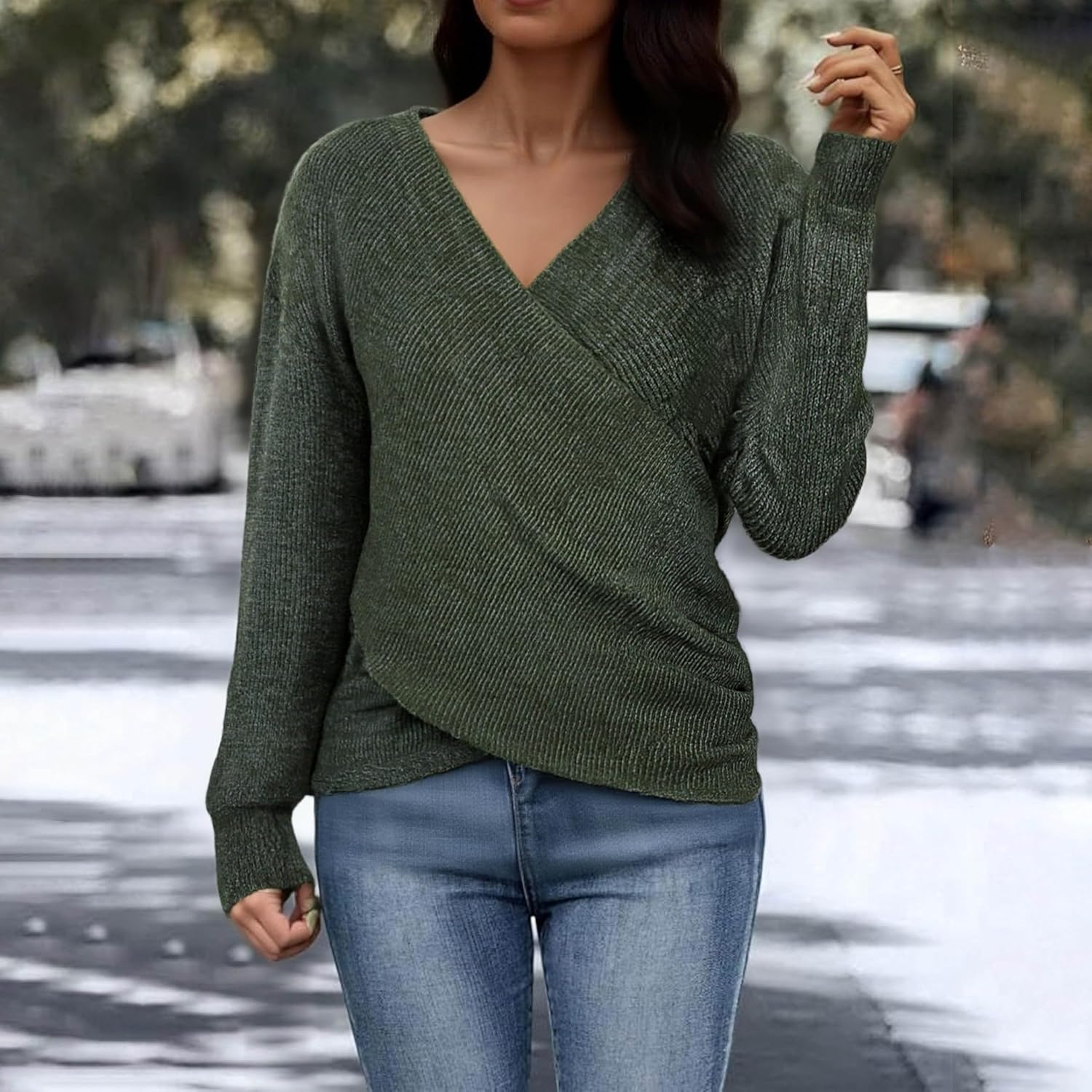 Womens Criss Cross Sweater V Neck Long Sleeve Off Shoulder Pullover Wrap Ruched Knit Casual Fall Winter Jumper Tops - Image 2