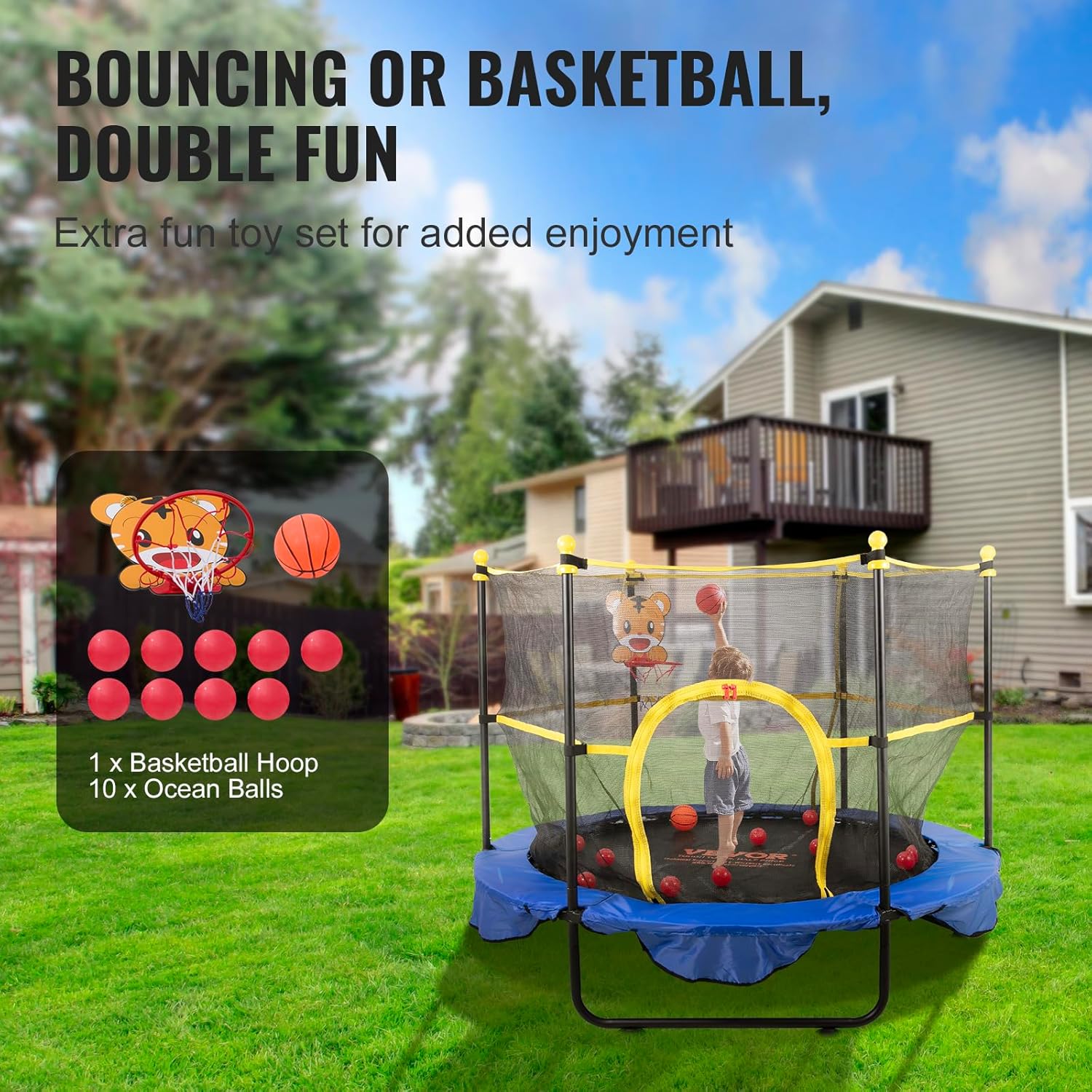VEVOR 5ft Kids' Trampoline with Safety Enclosure and Basketball Hoop