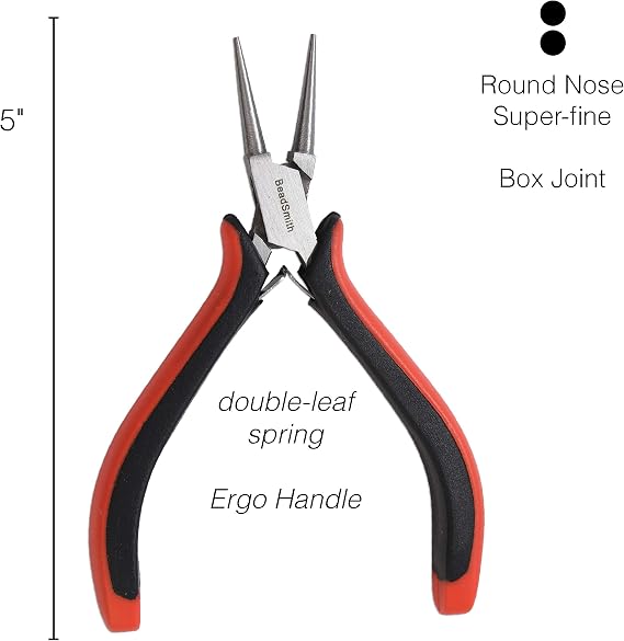 The Beadsmith Round Nose Pliers Fine Tips 5 inches (127mm) Ergonomic Handle with Double Leaf Springs Jewelry Making Tool for Creating Bracelets, Earrings and Necklaces