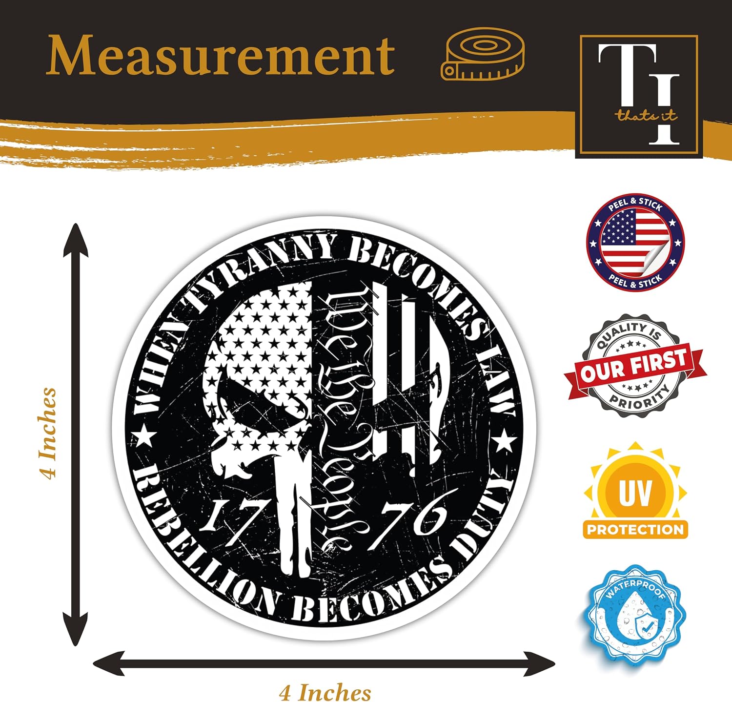 Thats It! Tyranny Becomes Law Rebellion Becomes Duty Punisher Skull Sticker | Removable Decal Car Bumper | Indoor Outdoor Window Sticker | Vinyl Decal for Car & Truck | Waterproof Sticker | TI – 412