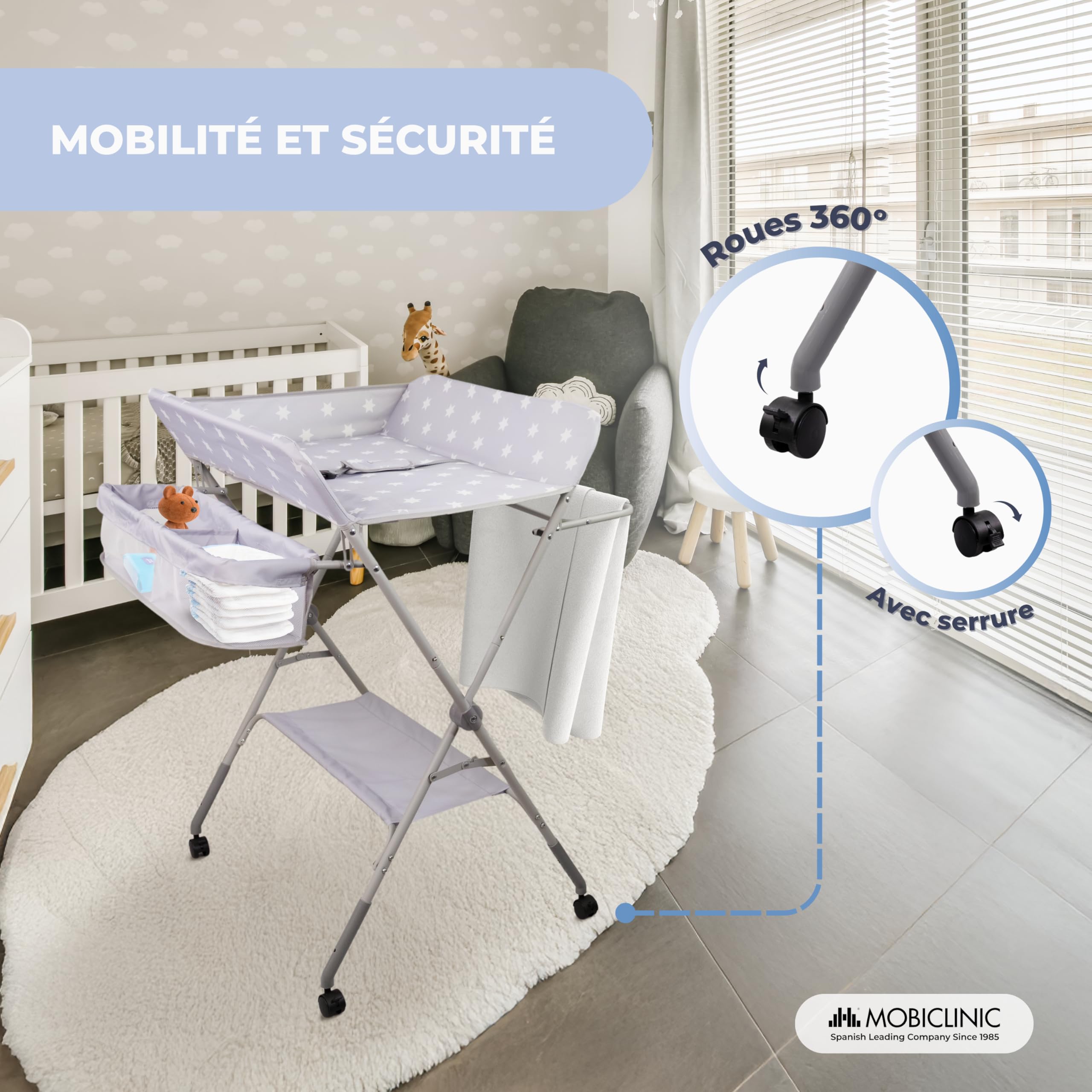 Mobiclinic Table à Langer Pliable Réglable en Hauteur Jusqu'à 15 kg 0-36 Mois Roulettes 360° avec Frein Harnais Barrière de Sécurité Housse Lavable Zoey