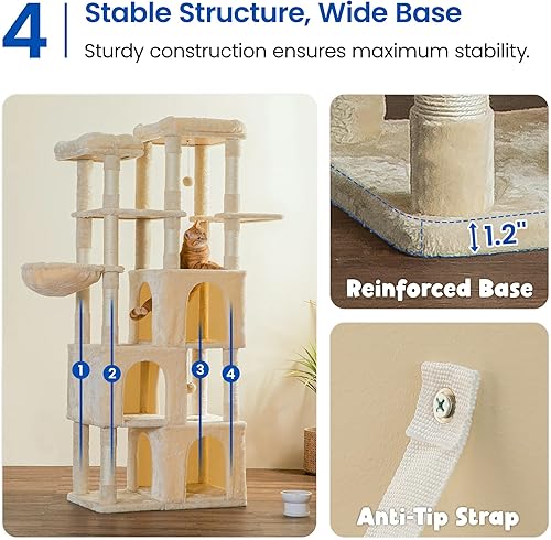 Miniatura 7 de MWPO Árbol extragrande para gatos de interior, torre para gatos de 70.1 pulgadas de alto con 3 condominios grandes, soporte de varios niveles para
