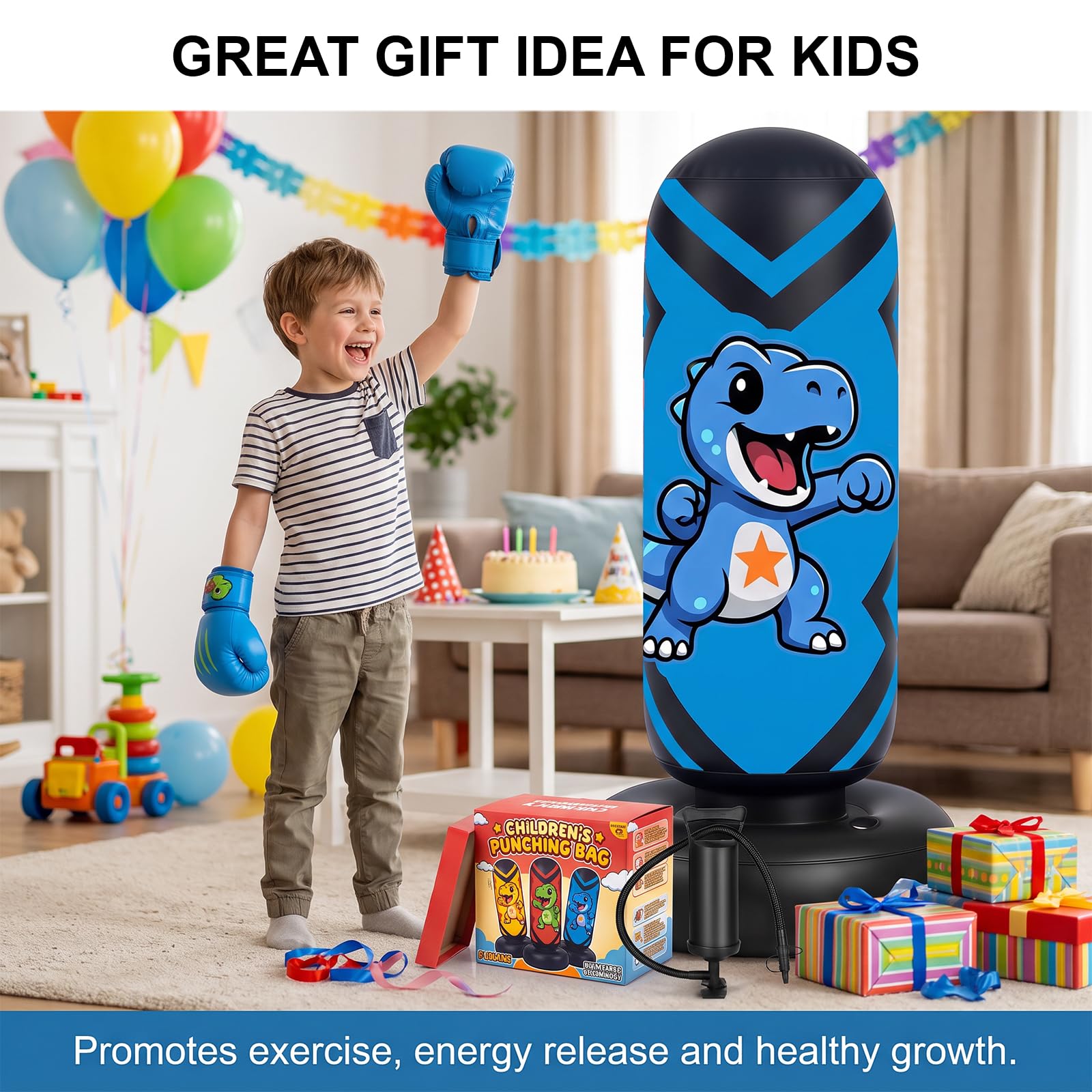 Ninonly 130cm Sacco da Boxe per Bambini Gonfiabile con Guanti e Pompa | Sacco Boxe da Terra per Bambini 3-8 Anni, PVC Resistente Punchball per Karate Taekwondo, Design Dinosauro Allenamento a Casa
