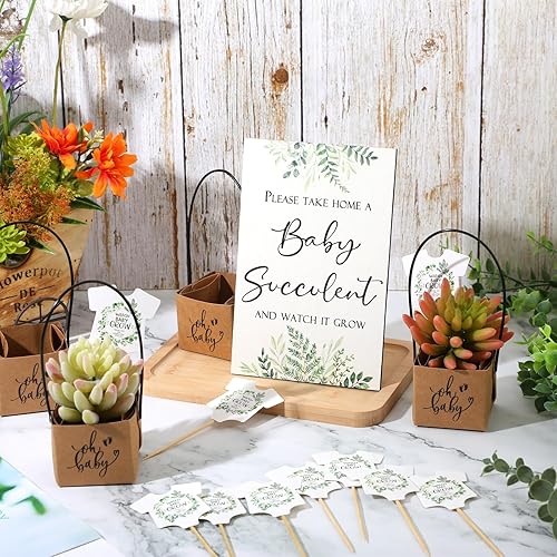 Miniatura 5 de Geetery 101 piezas de suculentas para baby shower, 1 letrero de mesa de madera, 50 etiquetas de Watch Me Grow y 50 macetas de papel kraft para