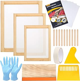 Pllieay 24 Pieces Screen Printing Starter kit Include 3 Different Size of Wood Silk Screen Printing Frame with Mesh, Screen Printing Squeegees, Scraper, Inkjet Transparency Film, Gloves, and Mask Tape