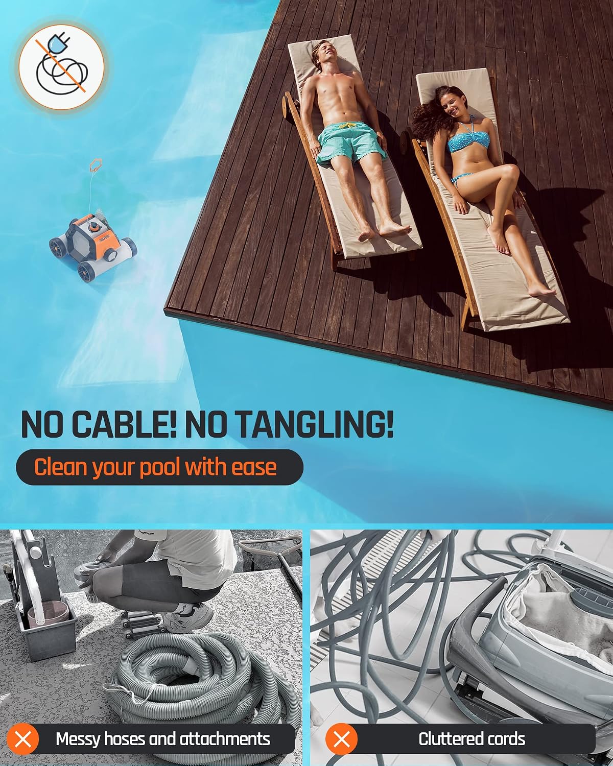 (2023 New) FIILPOW Cordless Robotic Pool Cleaner, Automatic Pool Vacuum with Auto-Docking Technology, Rechargeable, Lightweight, 90 Mins Running Time for Above-Ground Pools Up to 800 Sq.ft, Orange