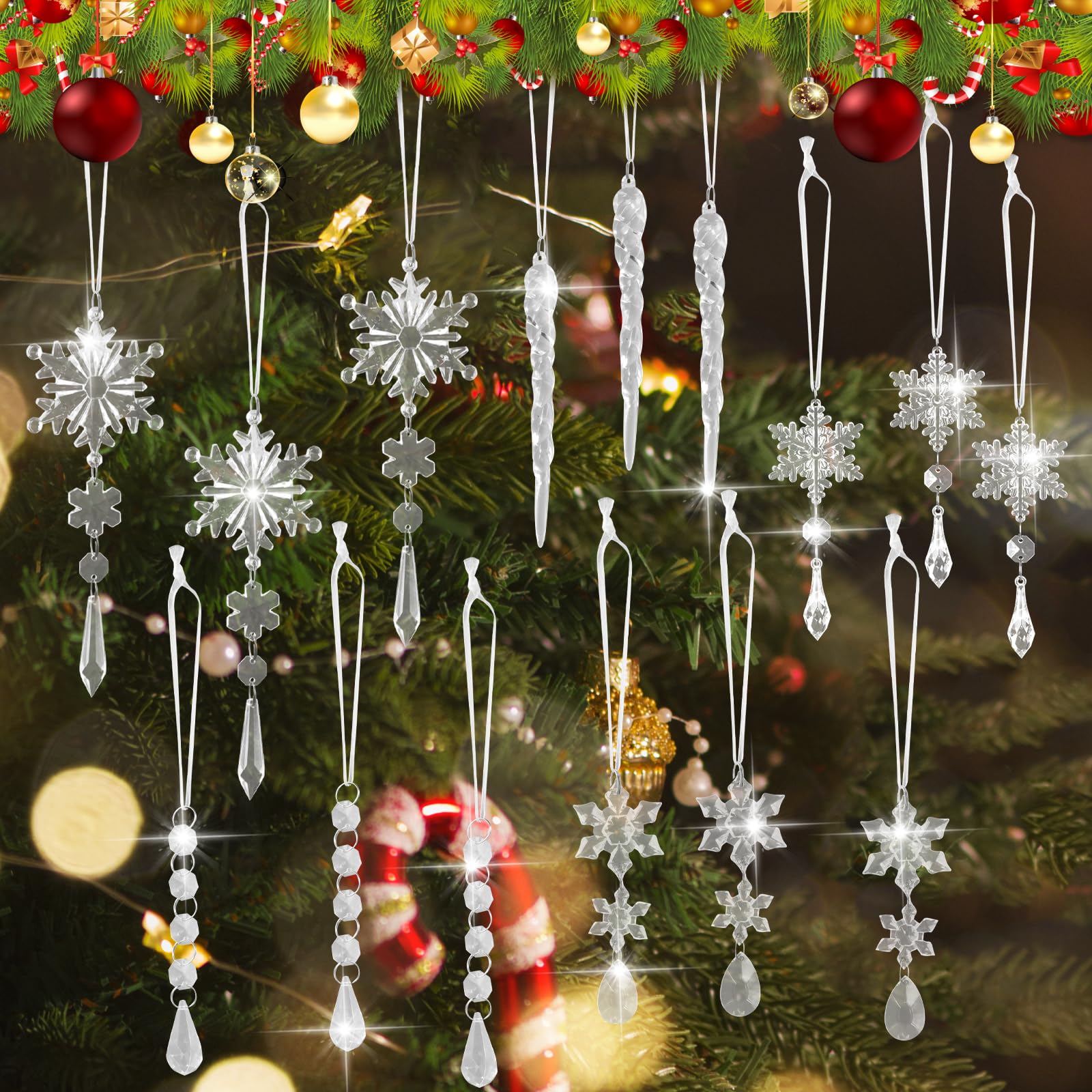 Volumoon Clear 15Pcs Christmas Decoration Icicle Pendant,Christmas Hanging Ornaments Pendant,Snowflake Decors With String,Christmas Tree Decoration,For Decoration Wedding,Christmas Decoration,Party