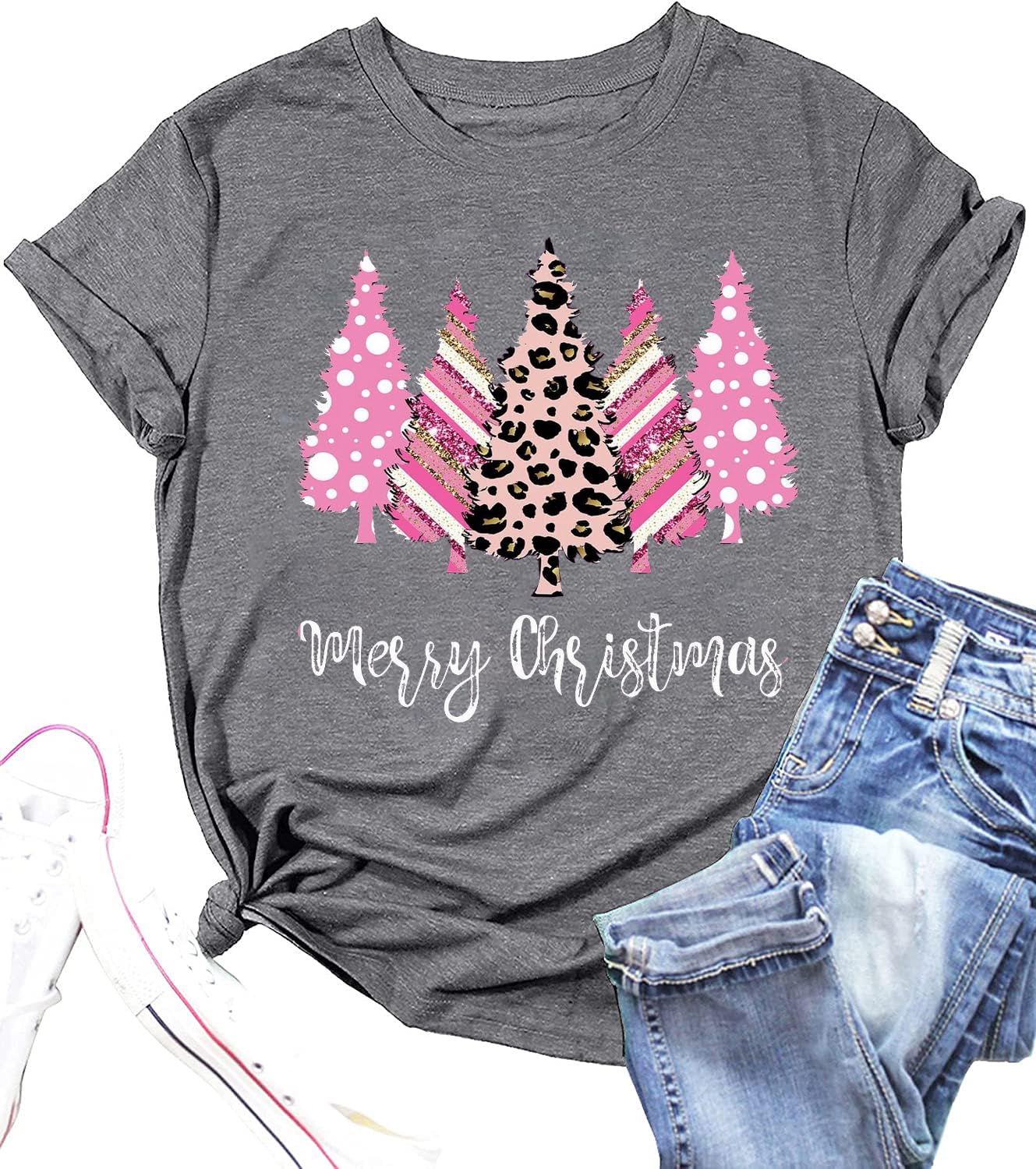 MYCHTE Merry Christmas Tshirt Women Leopard Print Christmas Tree Shirt Short Sleeve Casual Xmas Holiday Tops Tees