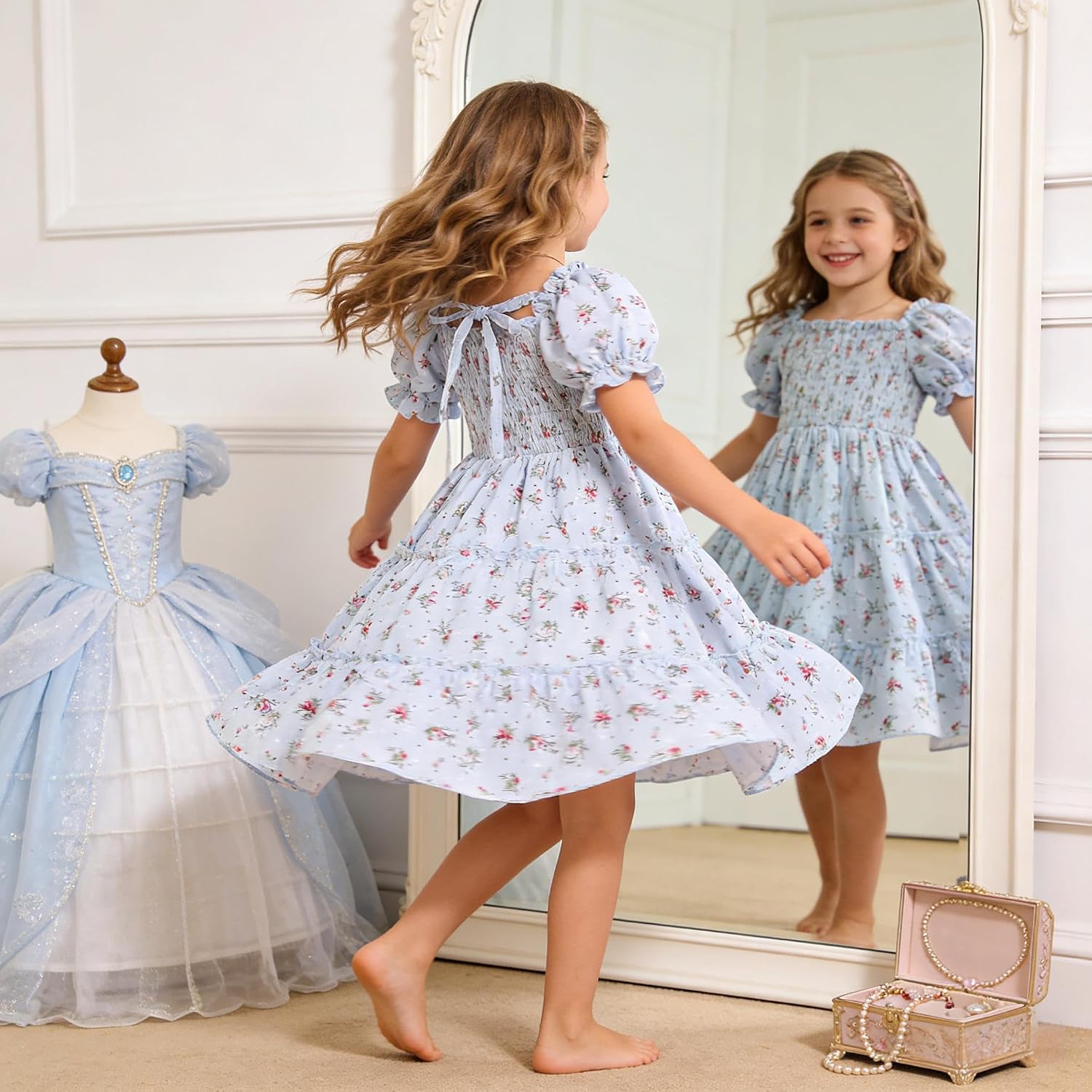 Toddler Girl Dress Short Sleeve Kids Floral Smocked Square Neck Beach Sundress | Summer Fashion Dresses 2-7Y