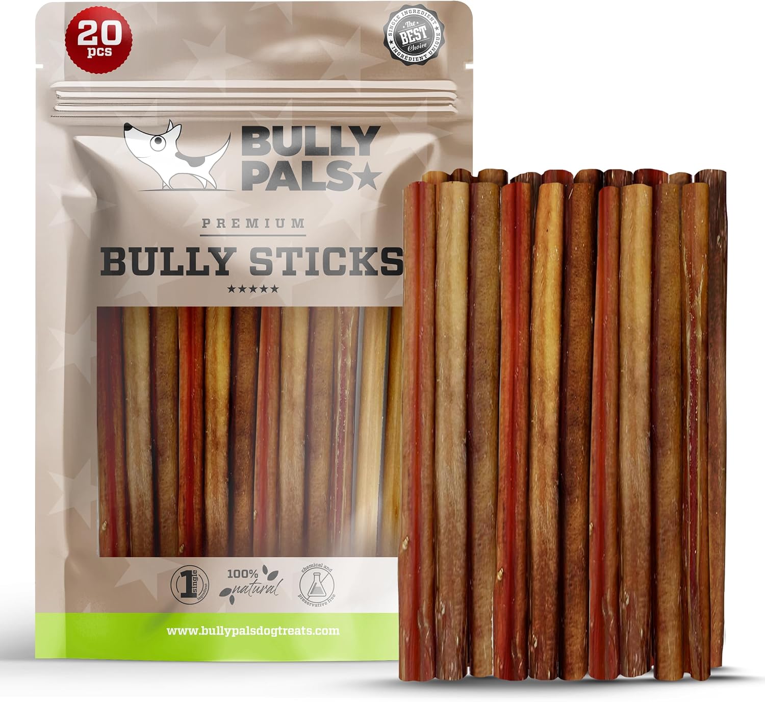 6 inch Thin Bully Sticks for Small Dogs and Puppies (20 Pack) - All Natural, Single Ingredient, Easily Digestible, All Beef Dog Treats and Rawhide Free Dental Chew Bones for Dogs