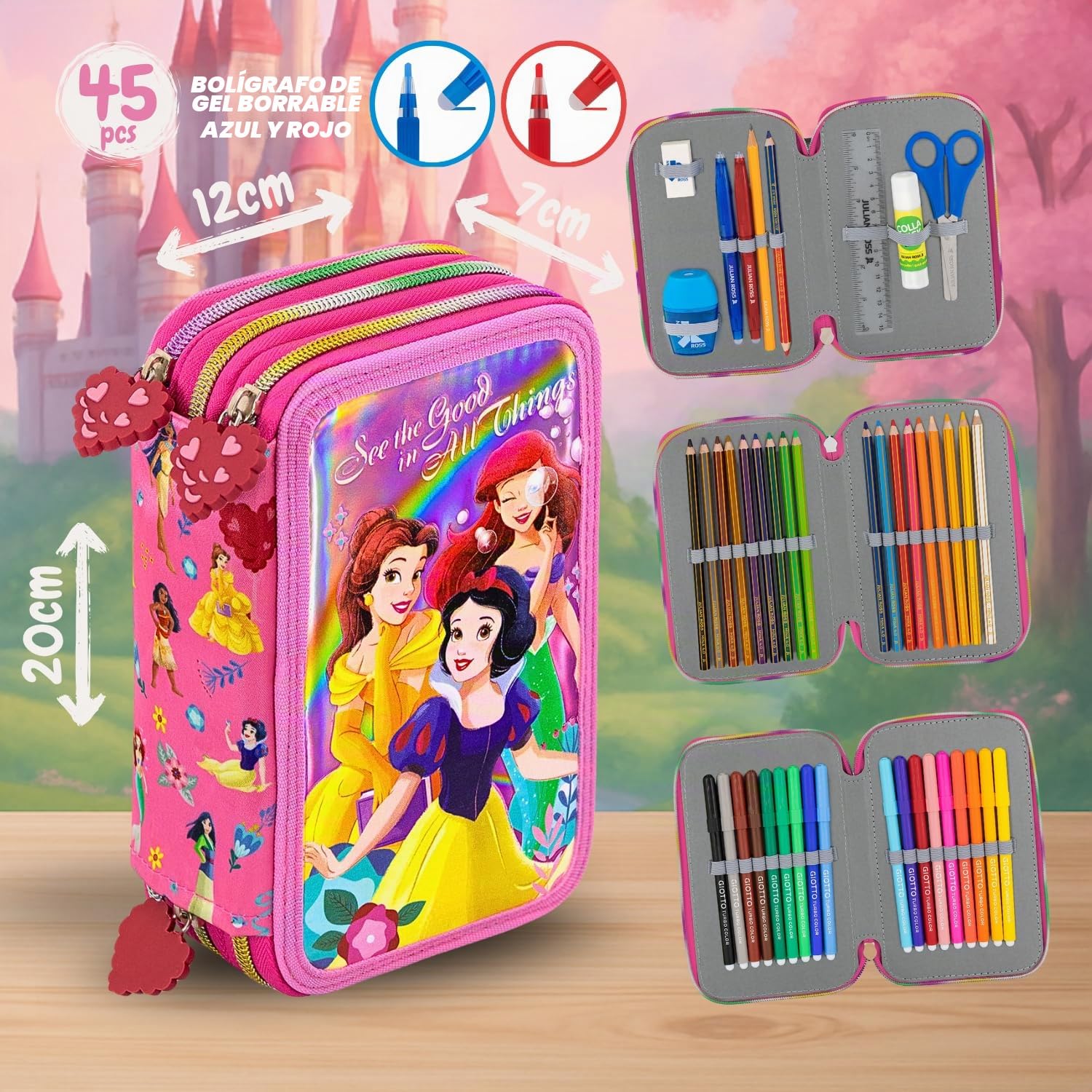 Plumier Triple 45 Piezas para Disney Princesas Fan – Estuche Escolar Completo con Bolígrafos Gel Borrables, Lápices 4.0 mm, Rotuladores, Tijeras, Pegamento – Ideal Primaria y Regalo niña Clondo